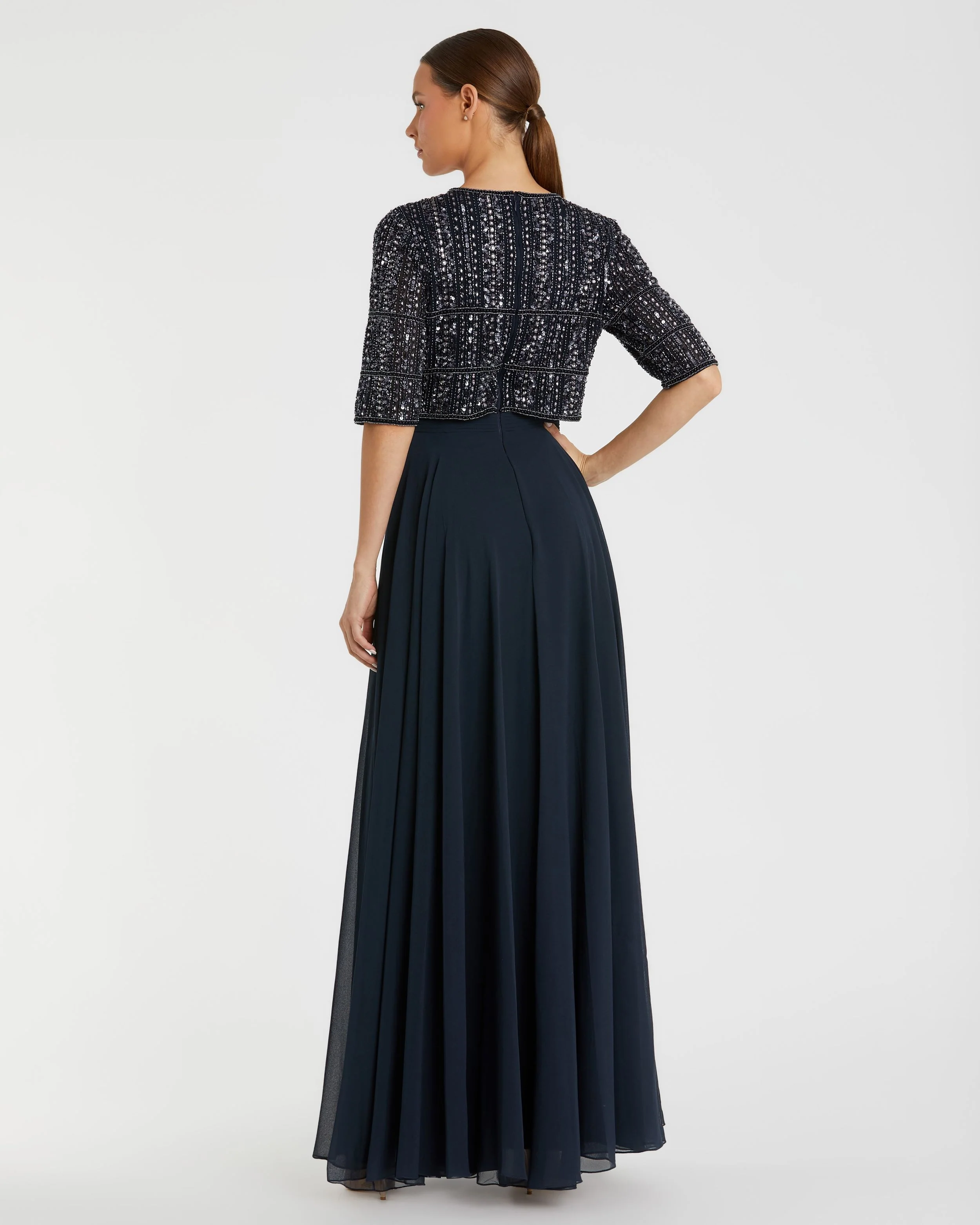 Navy Chiffon Gown w/ Fully Beaded 3/4 Sleeve Top
