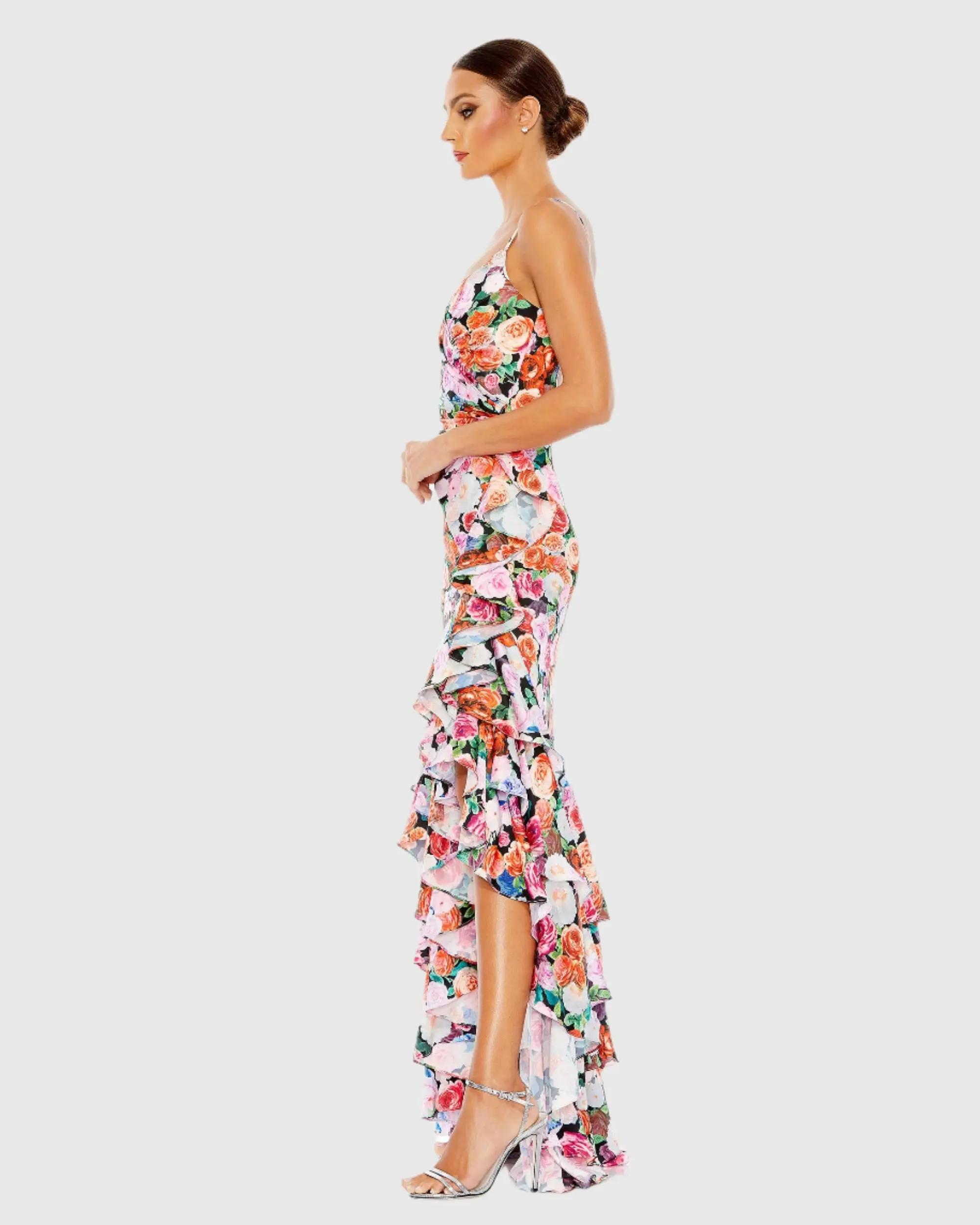 Floral Print Asymmetrical Ruffle Hem Gown