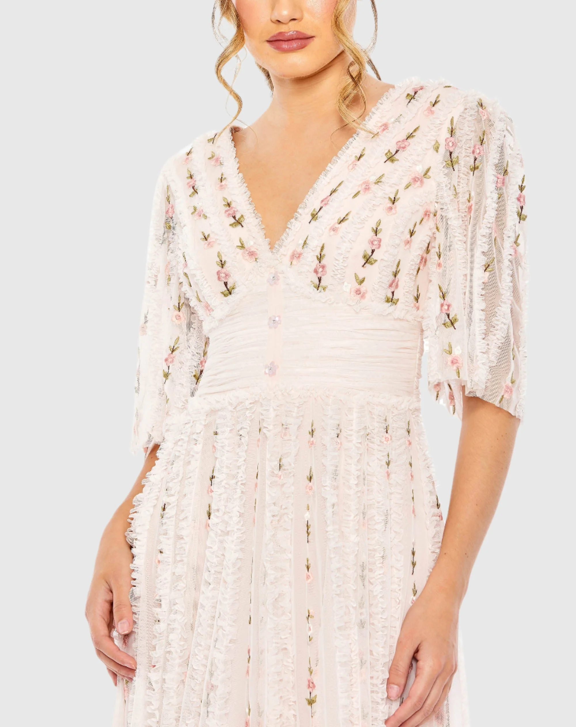 Pink Floral V-Neck Ruffle Detail Empire Waist Gown