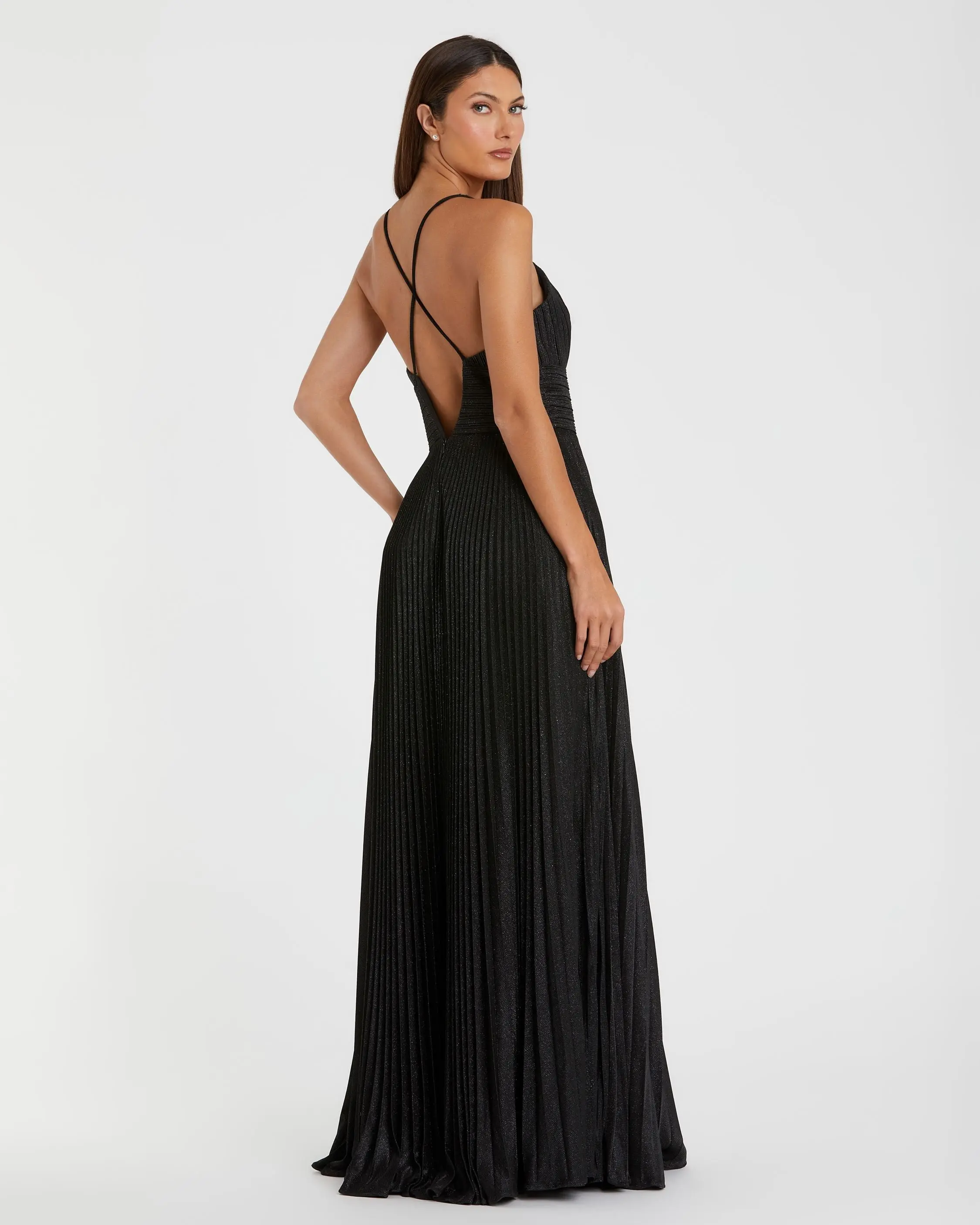 Black Shimmer Pleated V-Neck Gown
