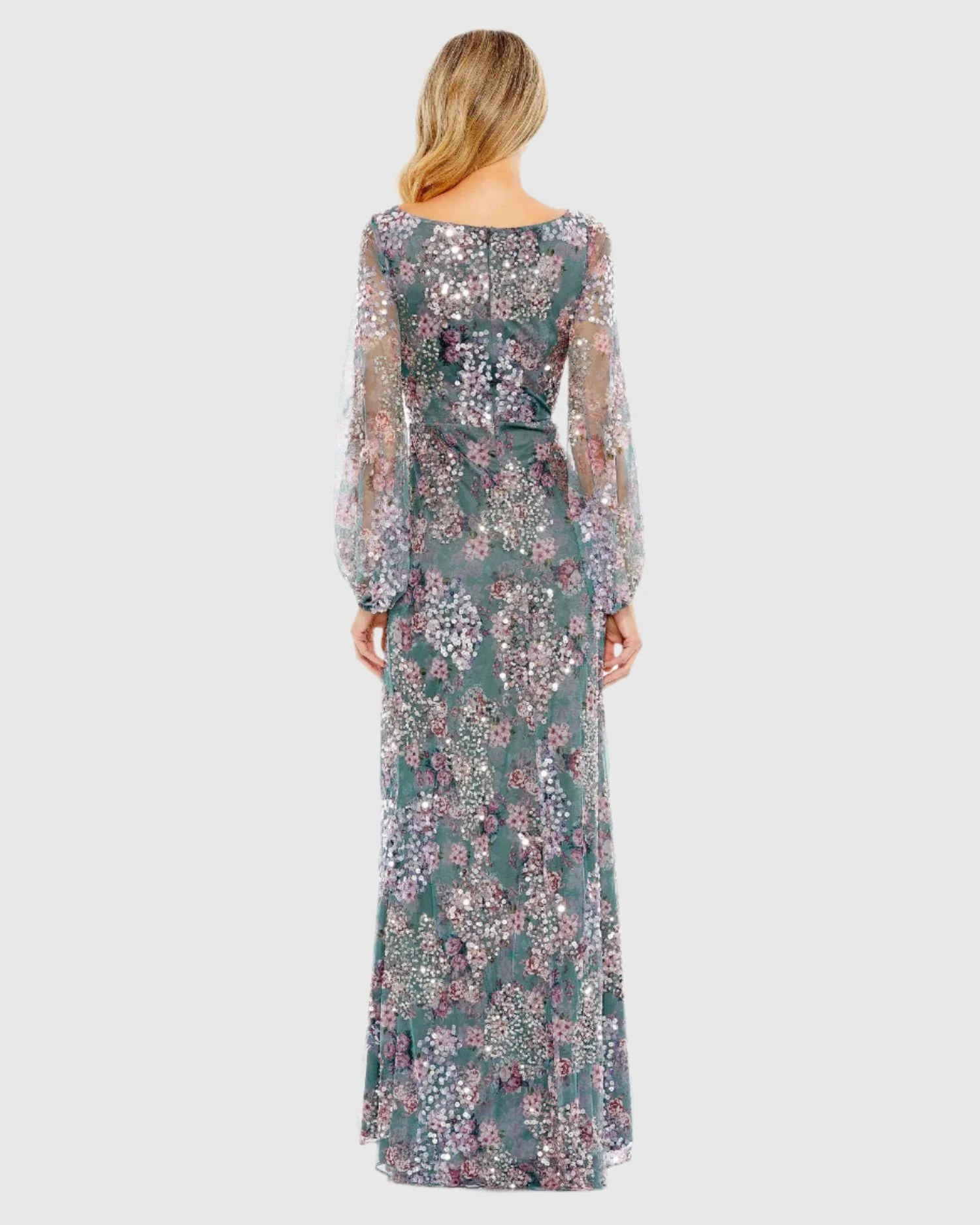 Gray Embellished Illusion Long Sleeve Faux Wrap Gown