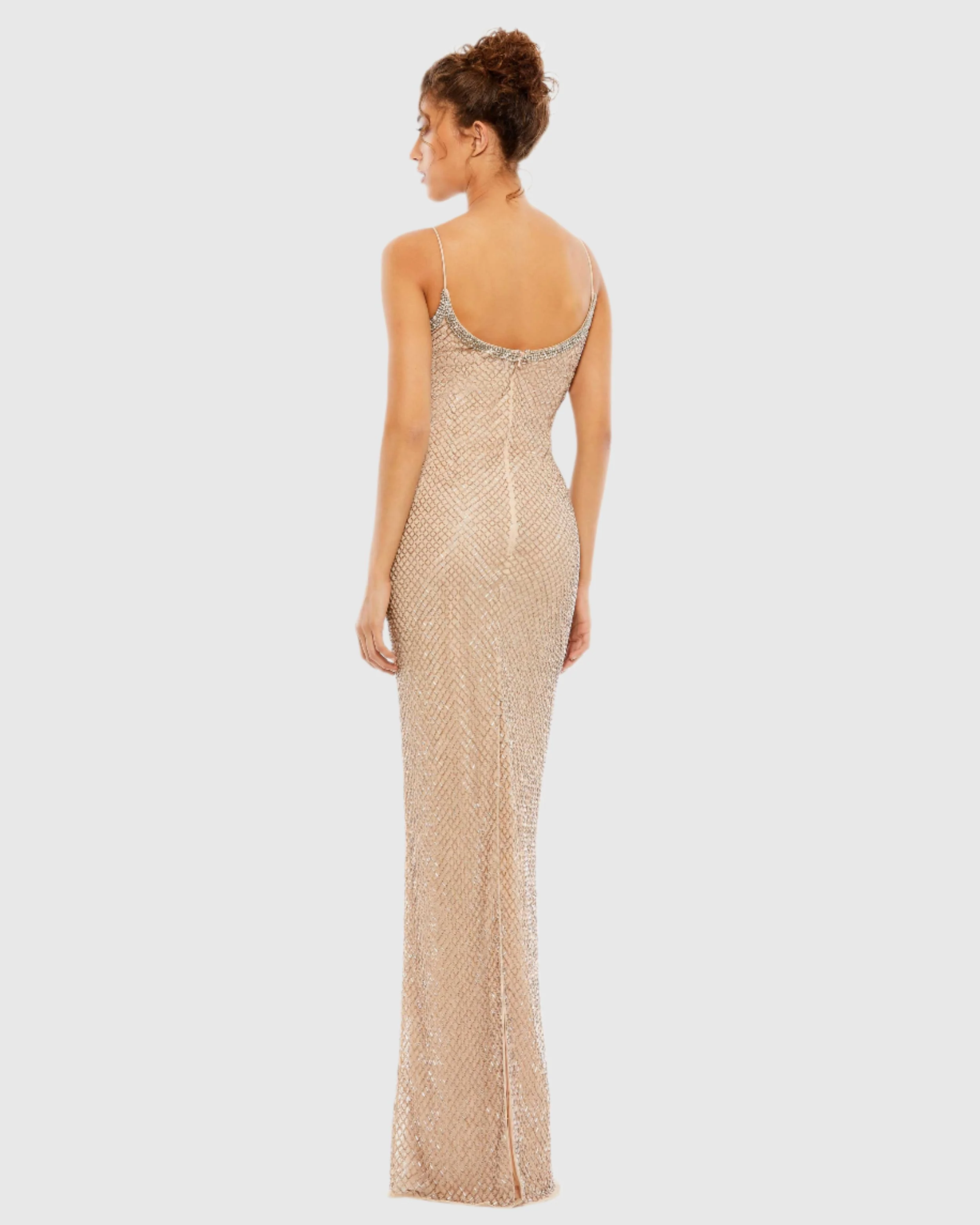 Beige Beaded Spaghetti Strap Column Gown