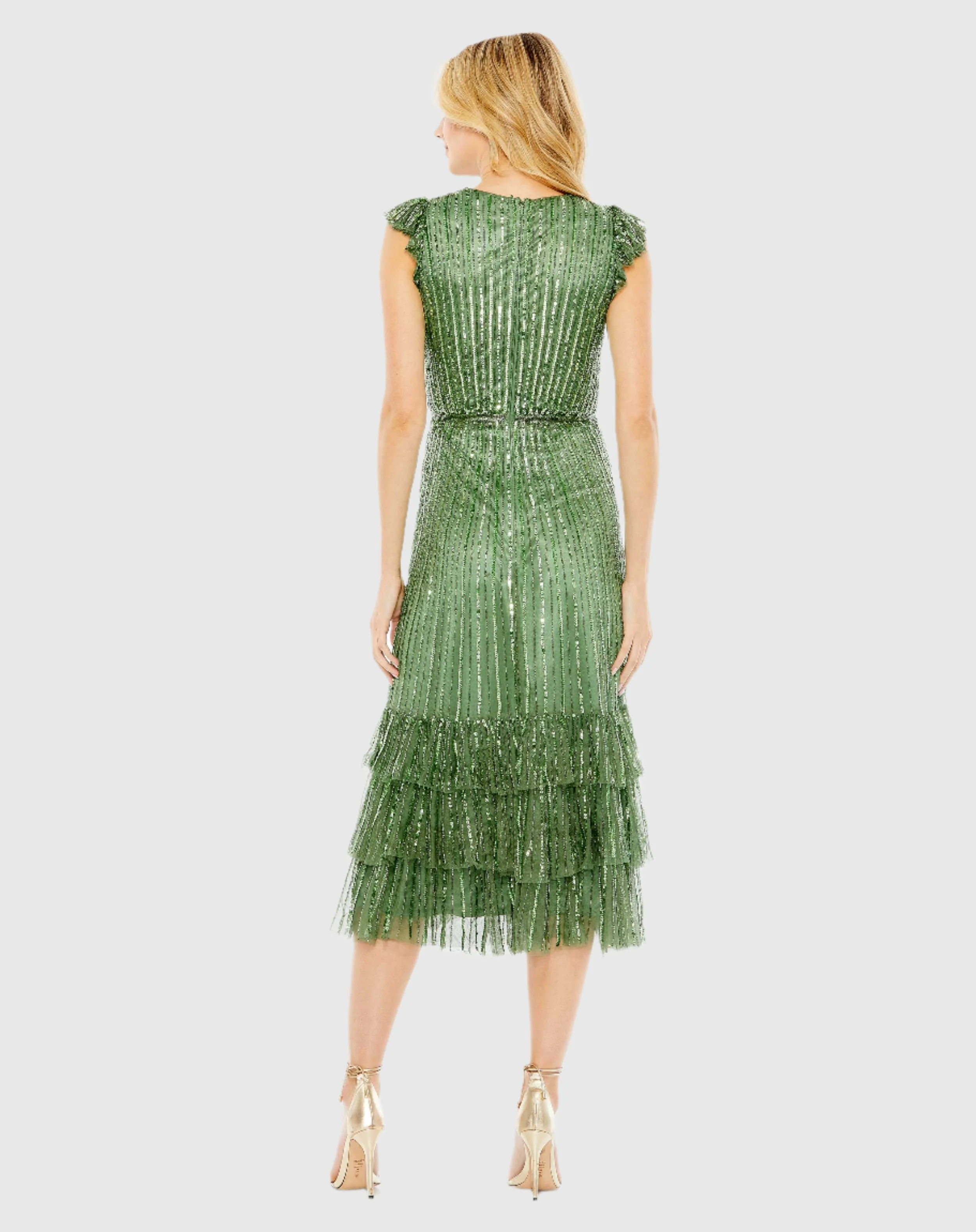 Green Sequined Wrap Over Cap Sleeve Ruffle Hem Dress