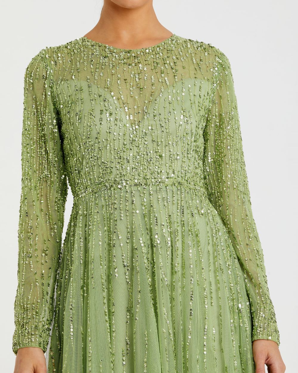 Green Sequined Illusion High Neck Long Sleeve Gown