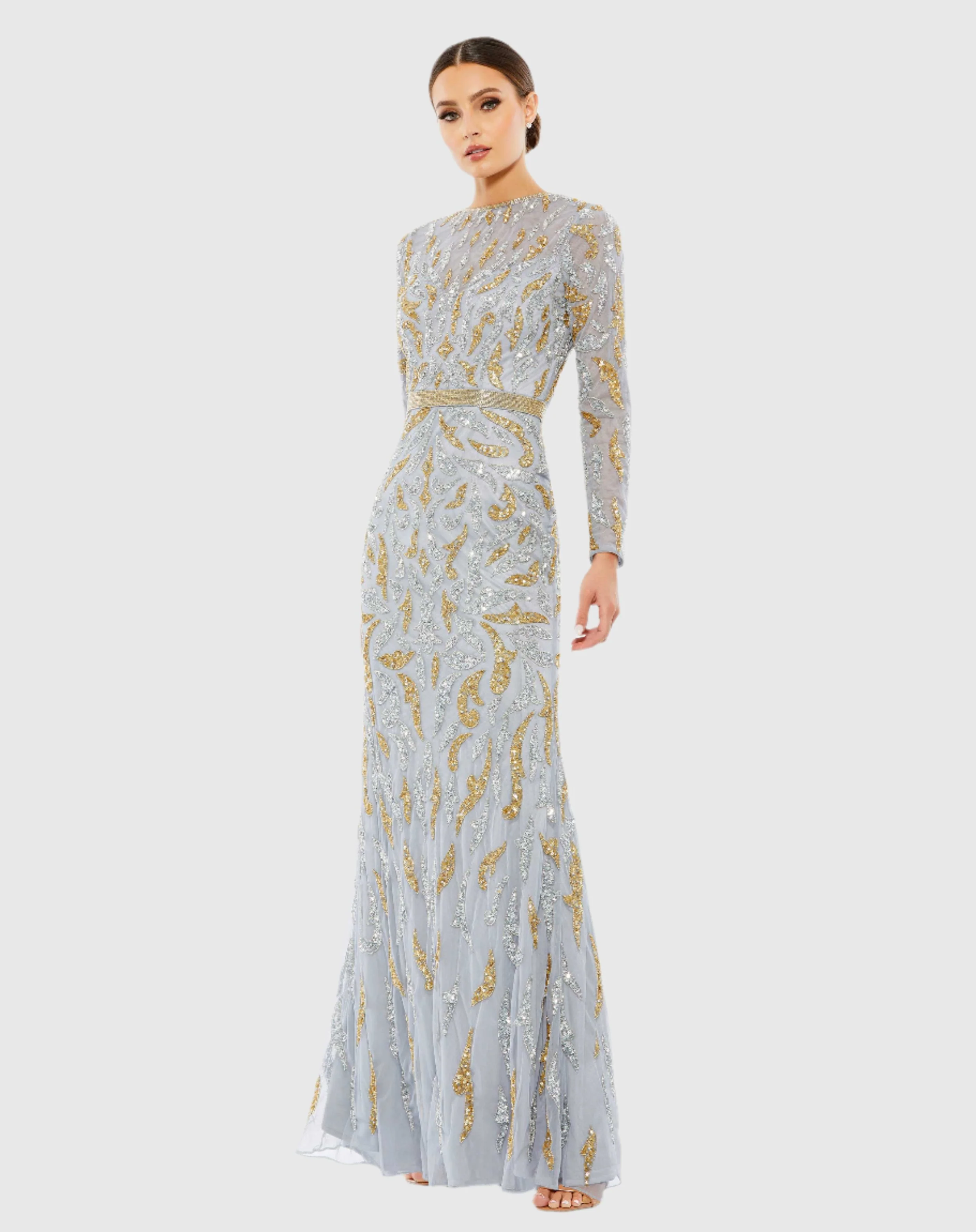 Gray Beaded Long Sleeve Evening Gown