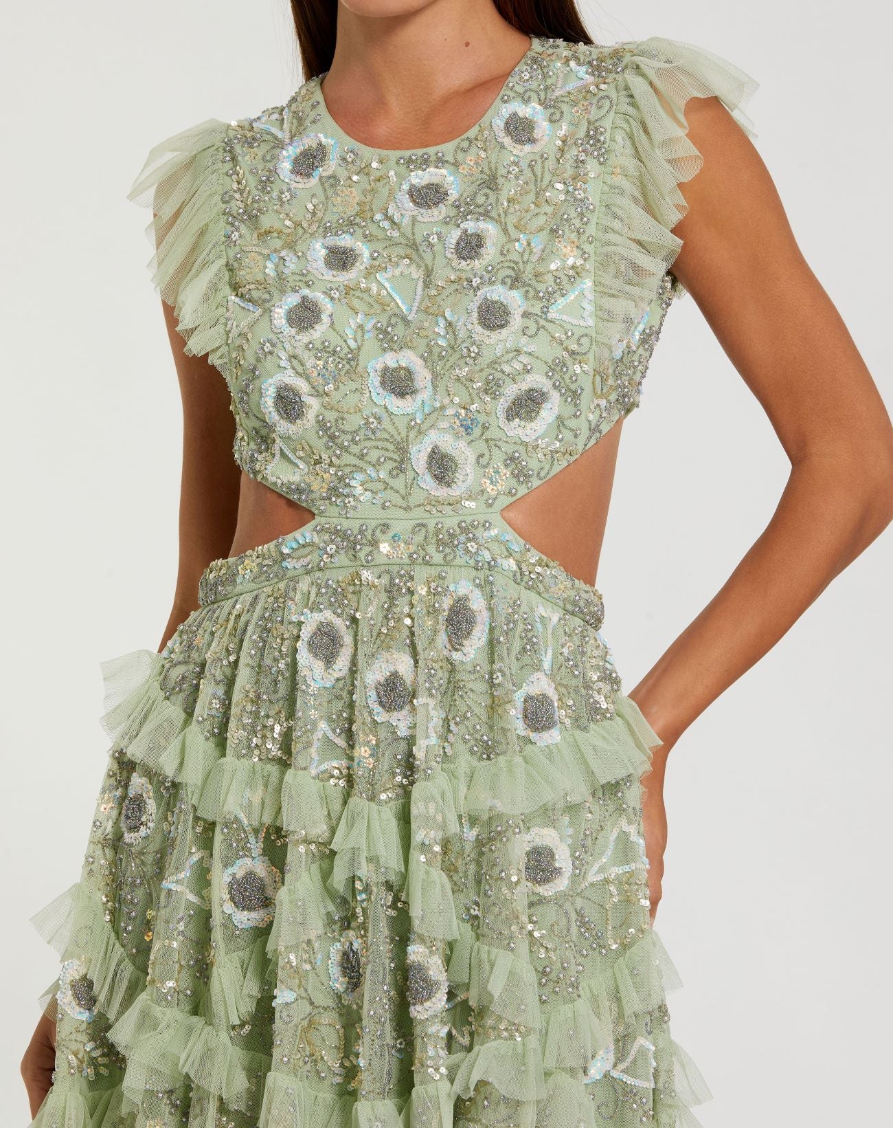 Green Embellished Jewel Neck Tulle Ruffle Mini Dress