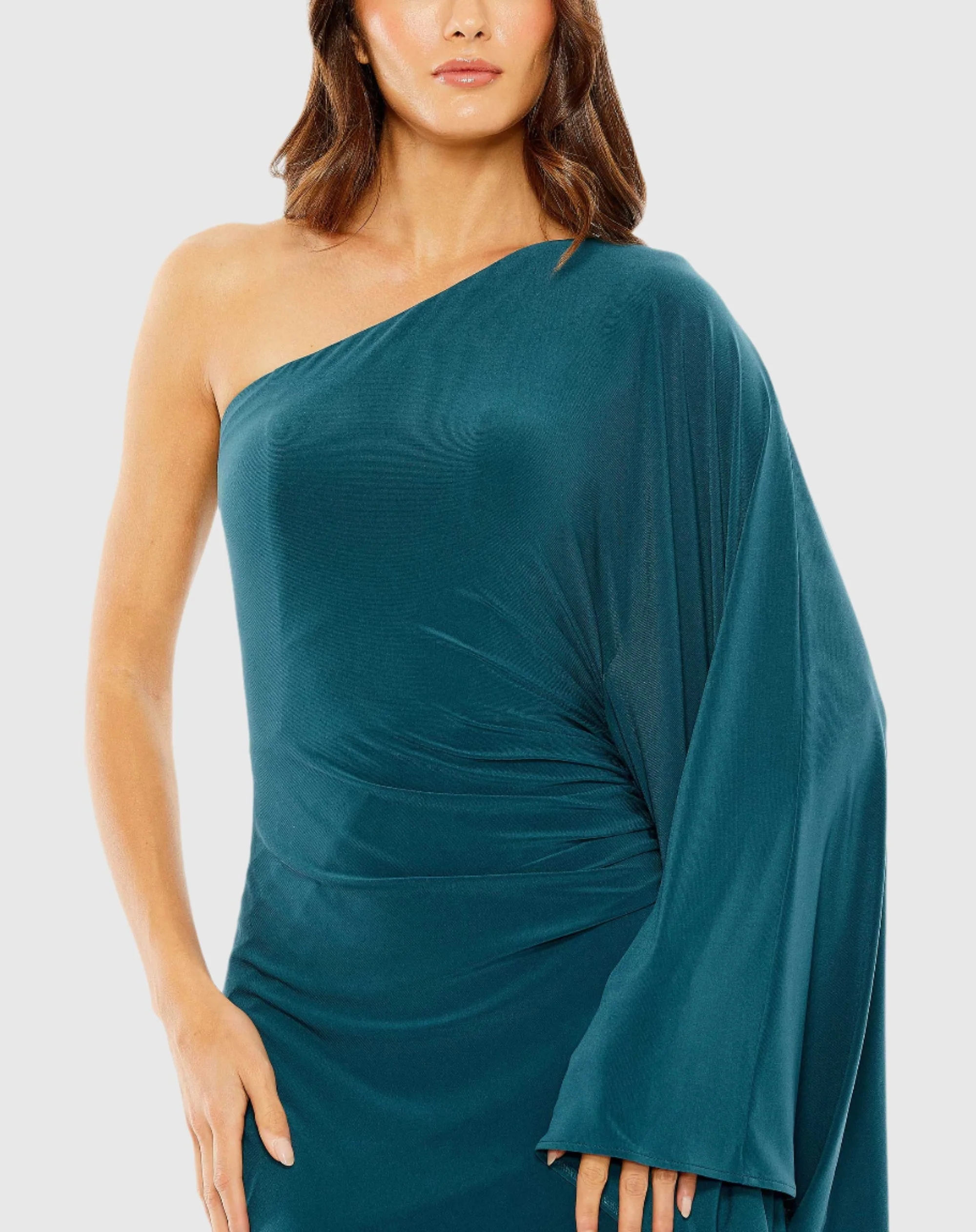 Blue One Shoulder Cape Sleeve Ruched Detail Jersey Gown
