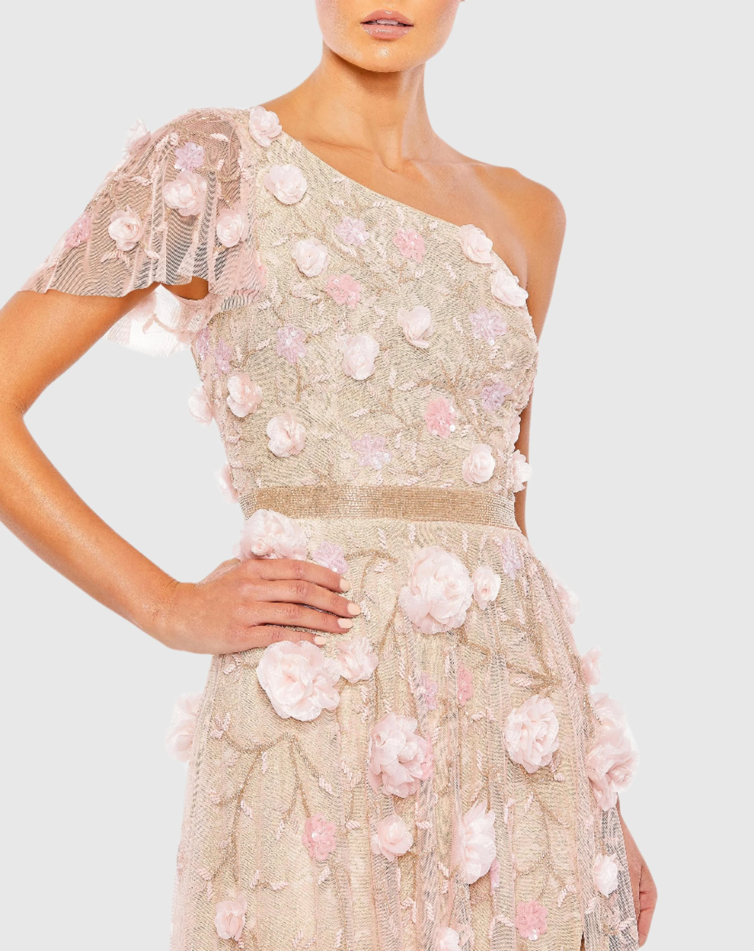 Floral Embellished One Shoulder A Line Gown