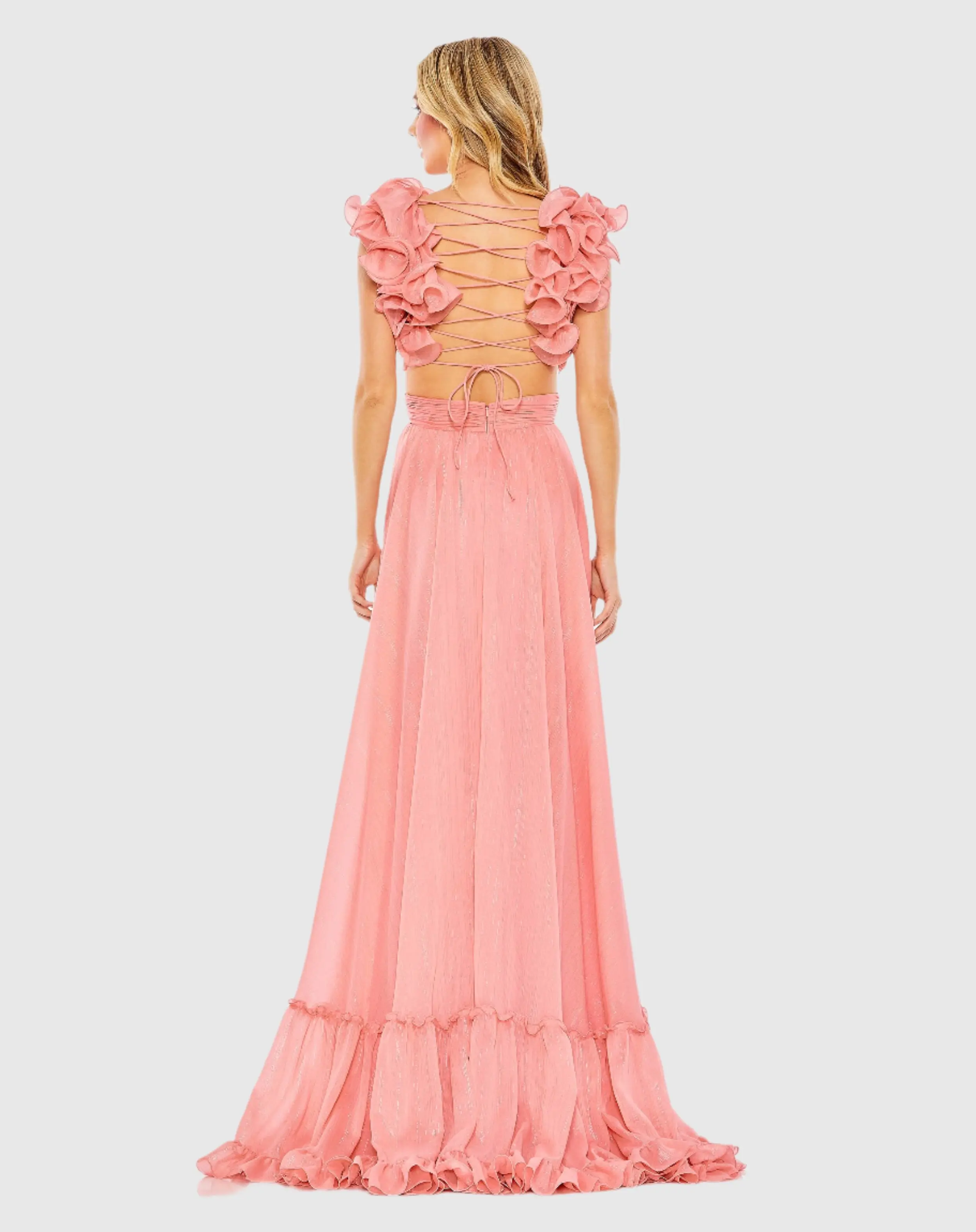 Pink Ruffle Sleeve V Neck A Line Gown