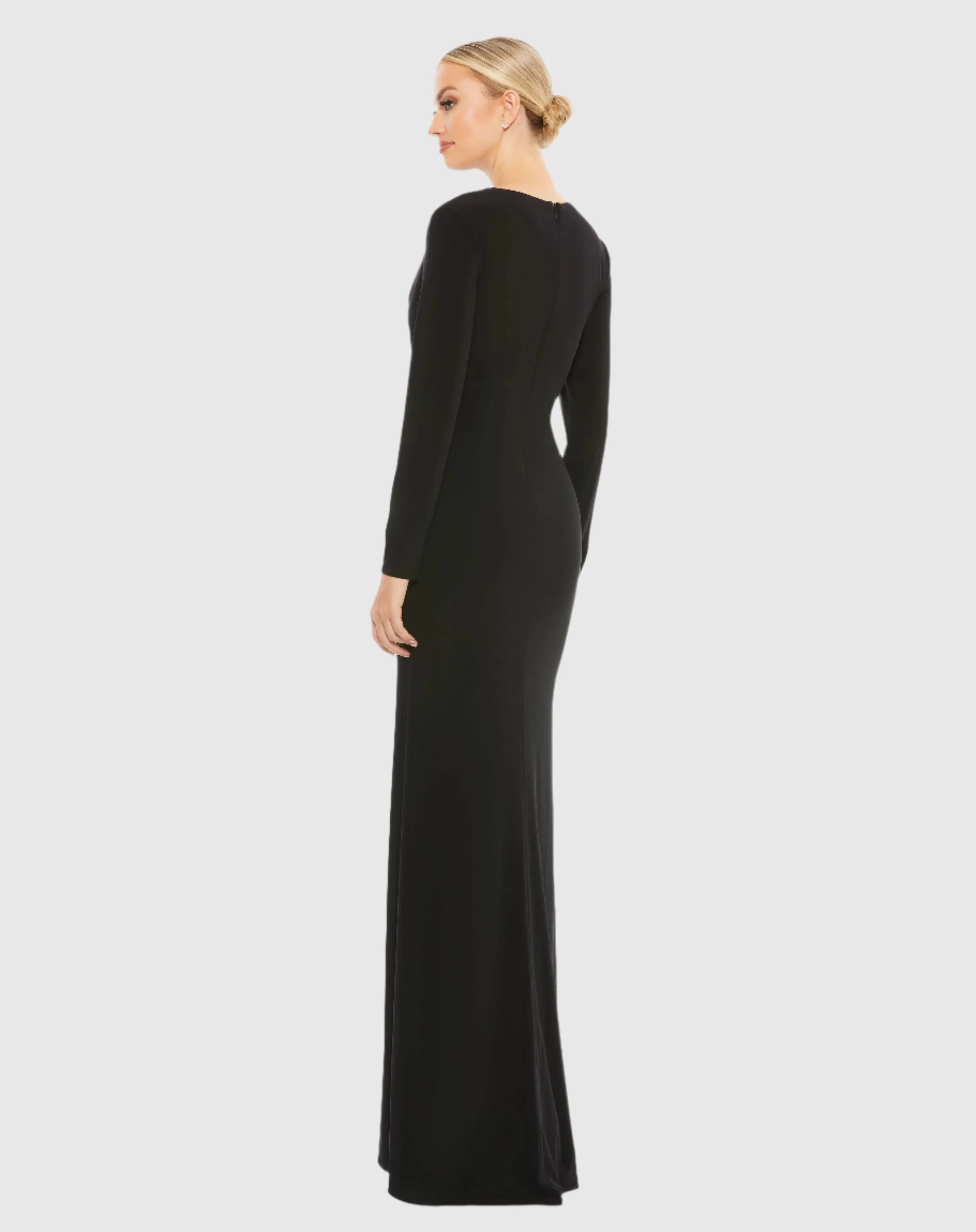 Black Jersey Long Sleeve Asymmetrical Ruched Gown
