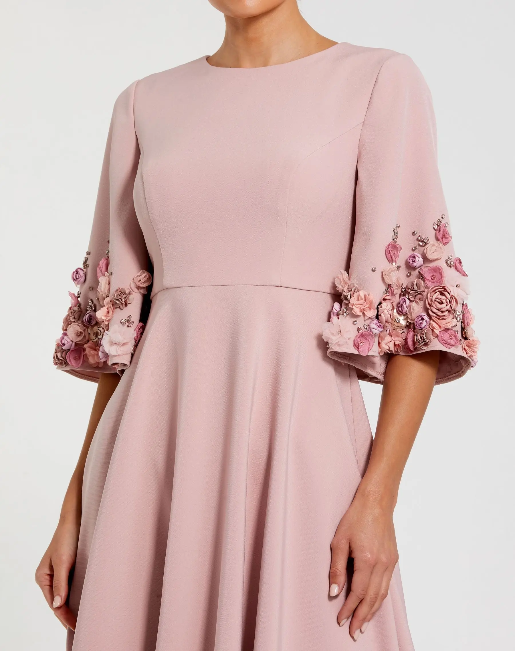 Pink Crepe 3/4 Sleeve A-line Gown With Flower Trim