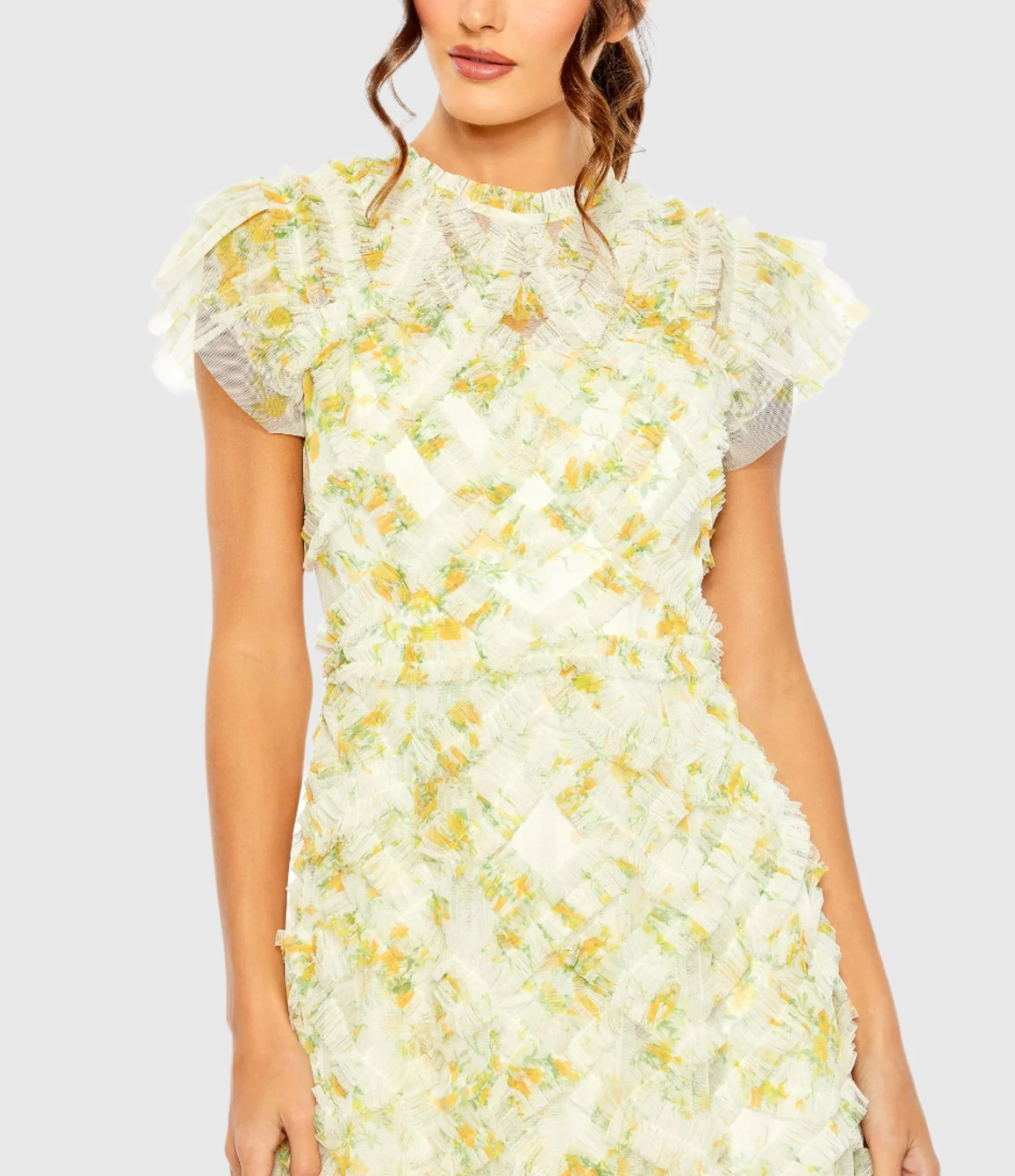 Yellow High Neck Ruffle Cap Sleeve Floral Dress