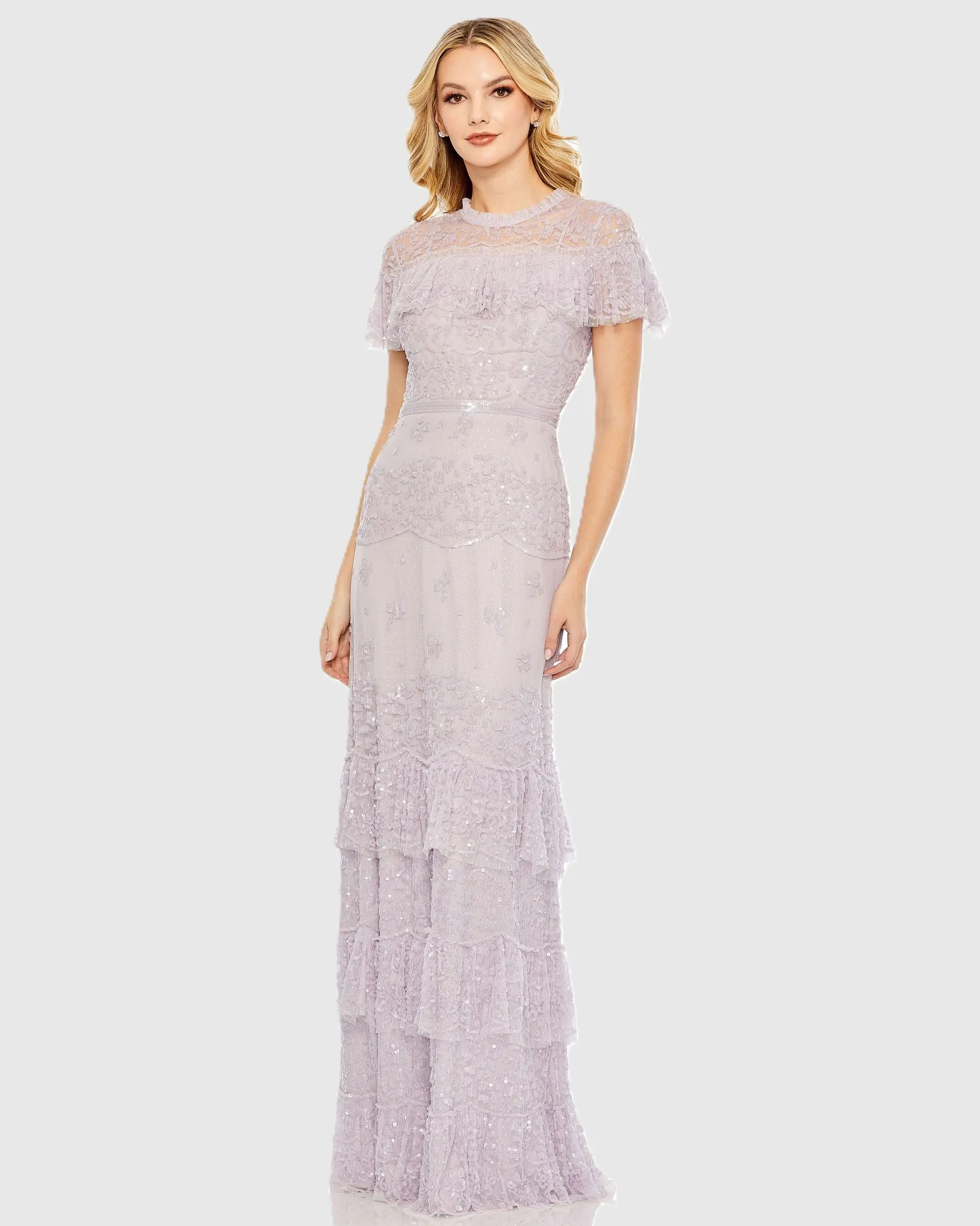 Purple Embellished Cap Sleeve Ruffle Tiered Gown