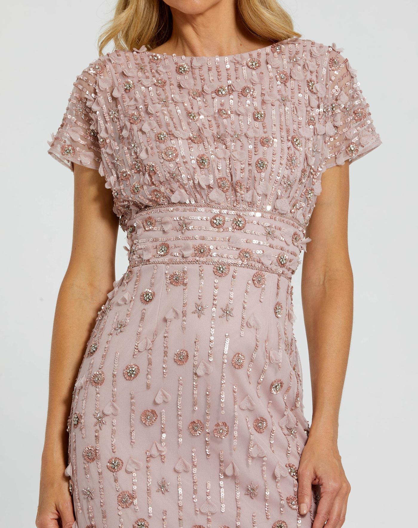 Pink Cap Sleeve Column Midi Dress With Floral Beading