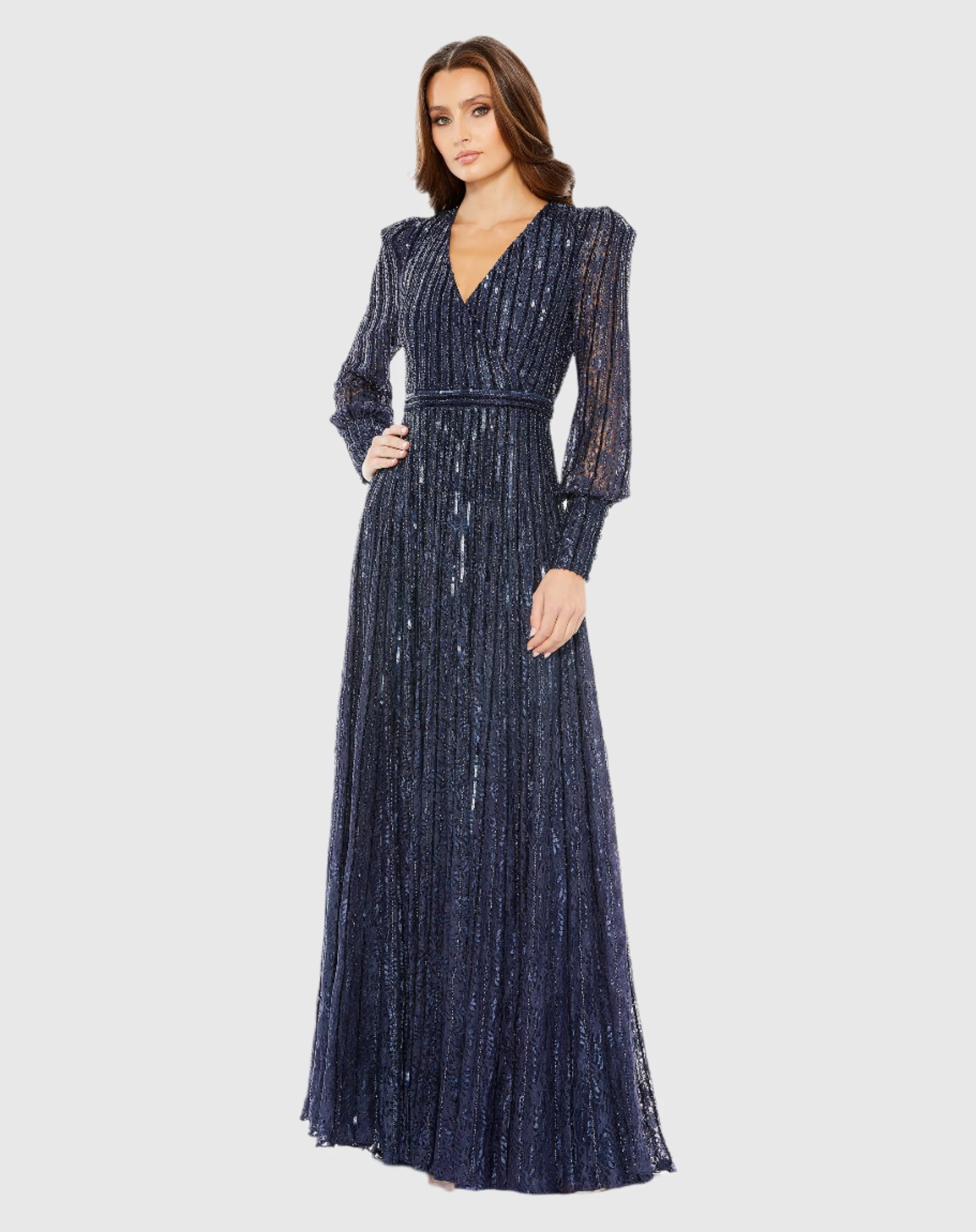 Blue Beaded Lace Long Sleeve Wrap Over Gown