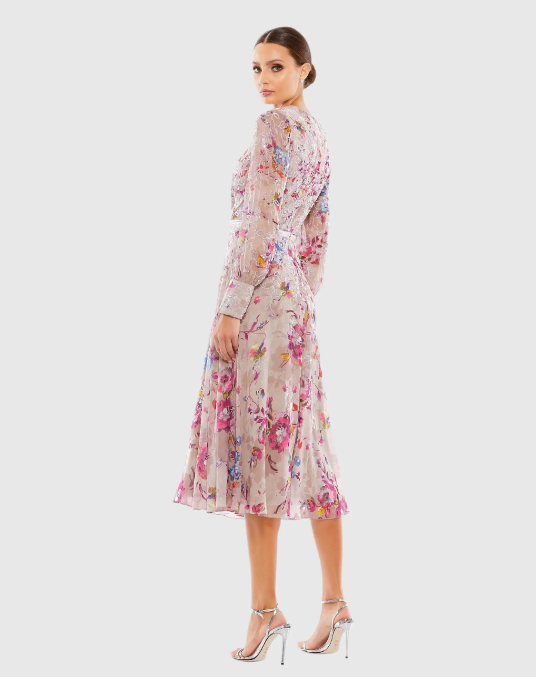 Hand Embellished Floral Long Sleeve Midi Dress