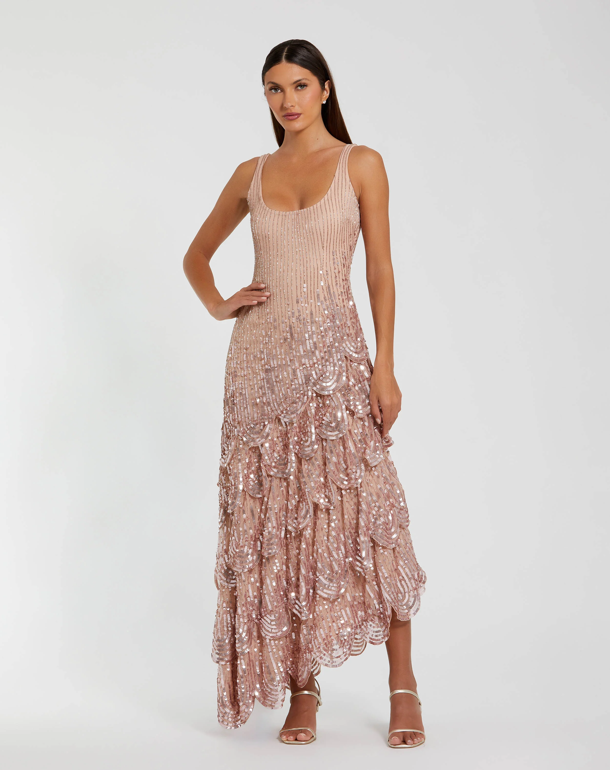 Pink Asymmetrical Scallop Hem Embellished Dress