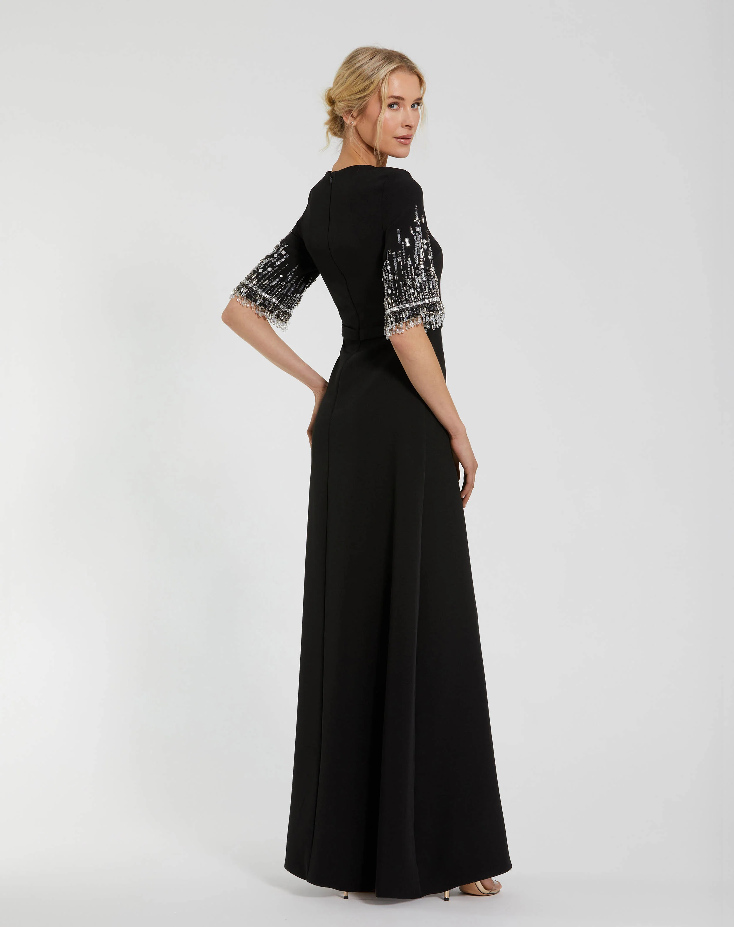 Black Crepe A Line Gown With Beaded 3/4 Sleeves