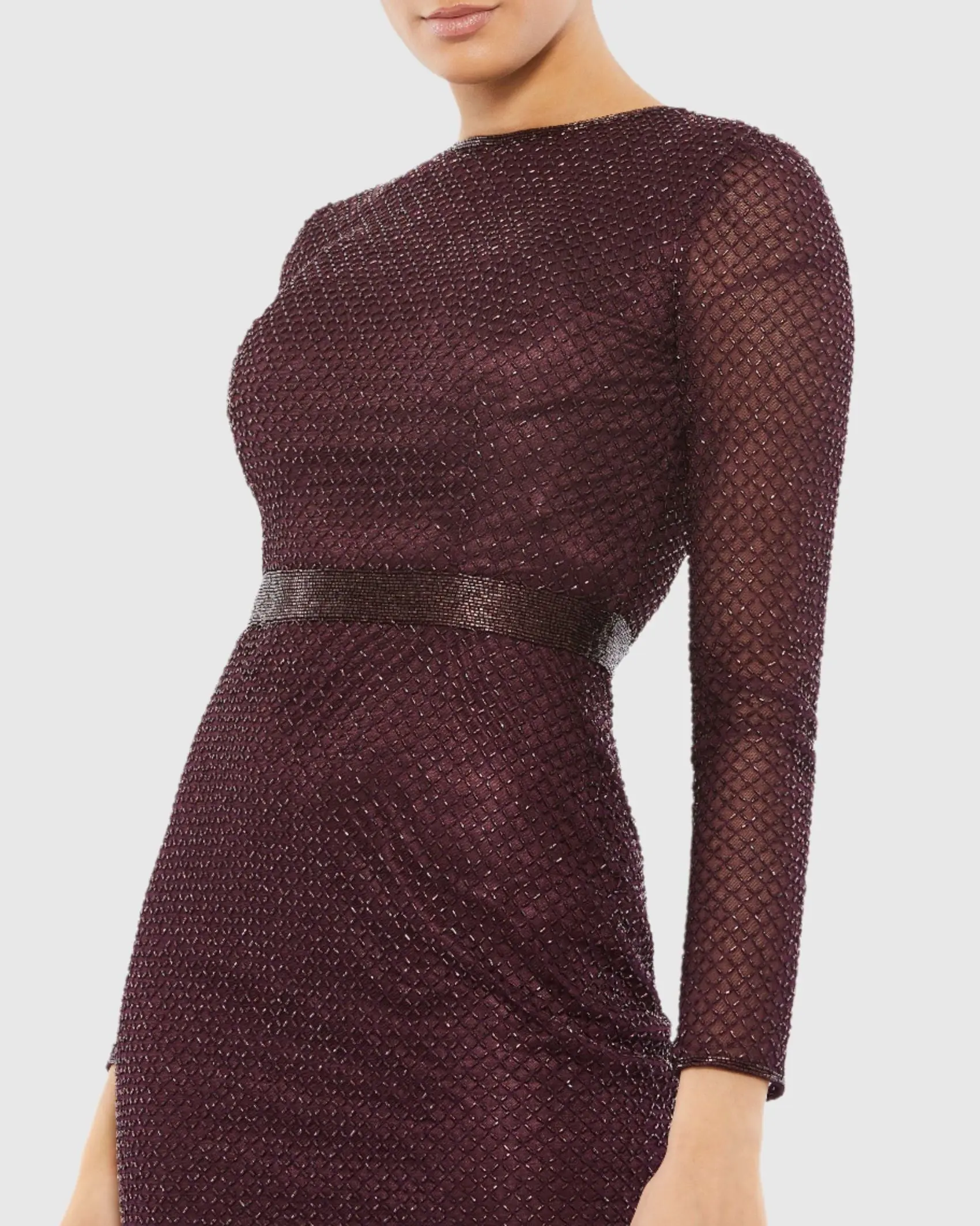 Long Sleeve Lattice Beaded Midi Cocktail Dress