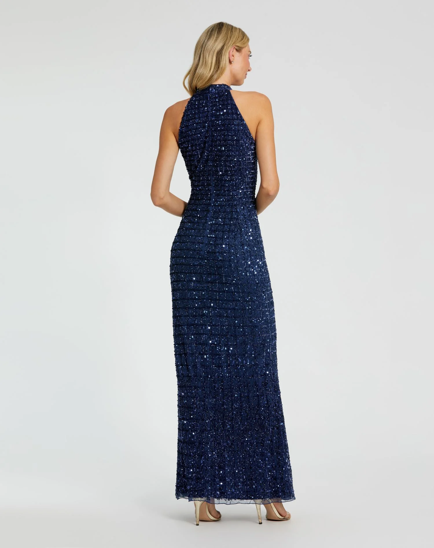 Blue Embellished Halter Neck Keyhole Gown