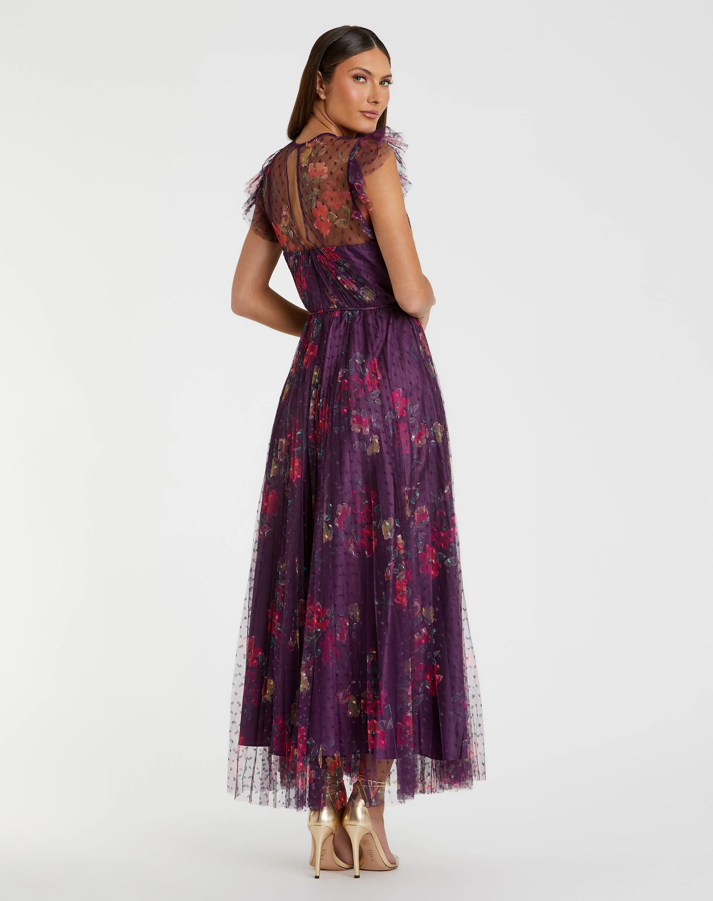 Purple Floral Flutter Sleeve Midi Dress