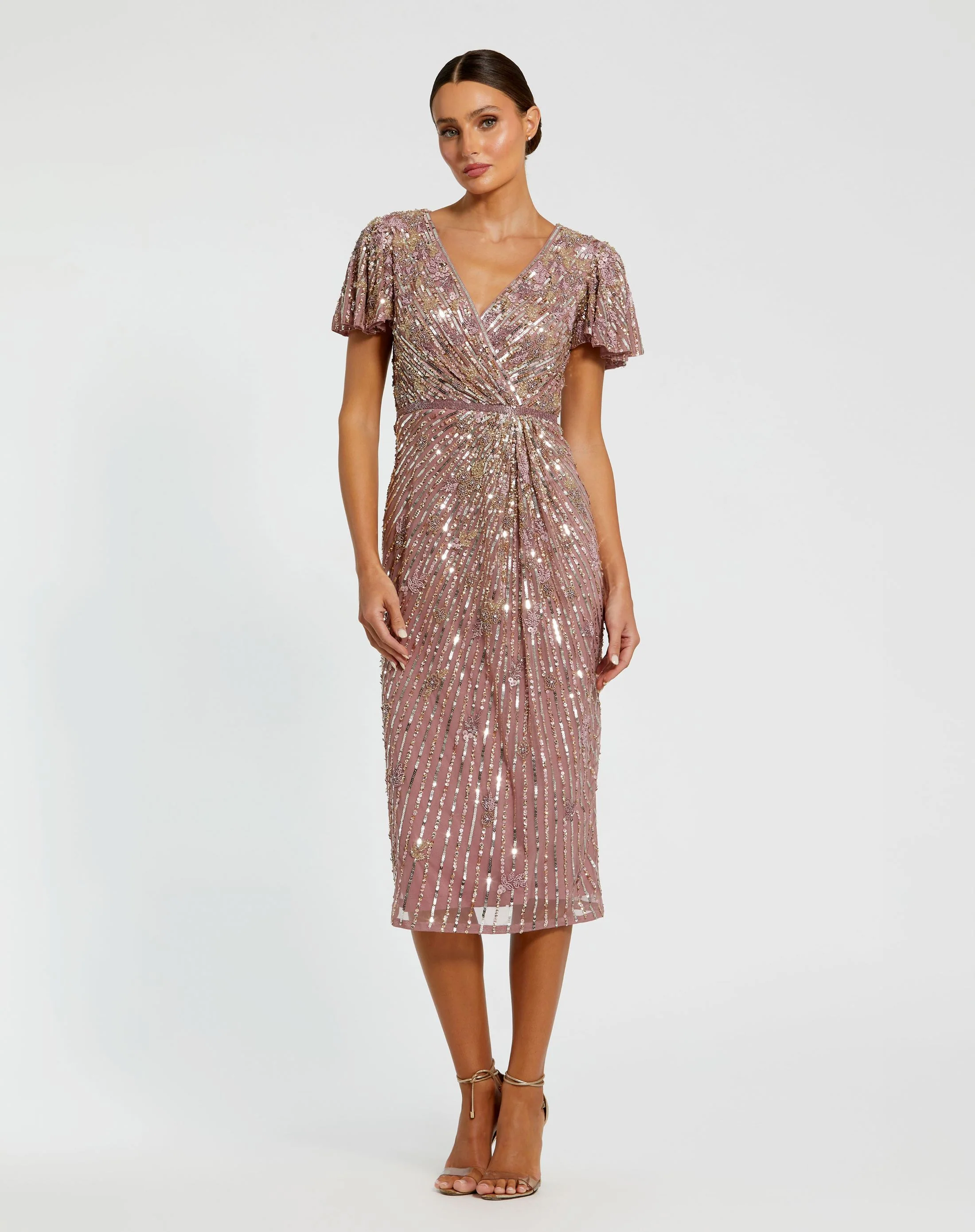 Purple Embellished Faux Wrap Flutter Sleeve Dress