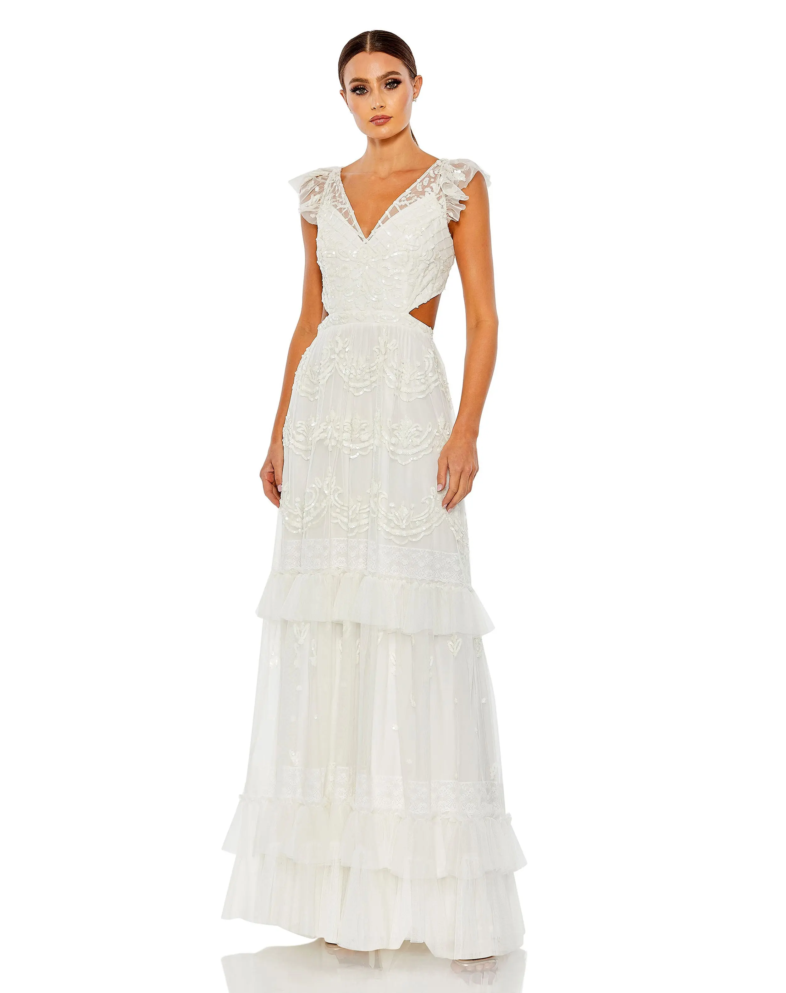 White Sequined Ruffle Cap Sleeve Cut Out Tiered Gown - FINAL SALE