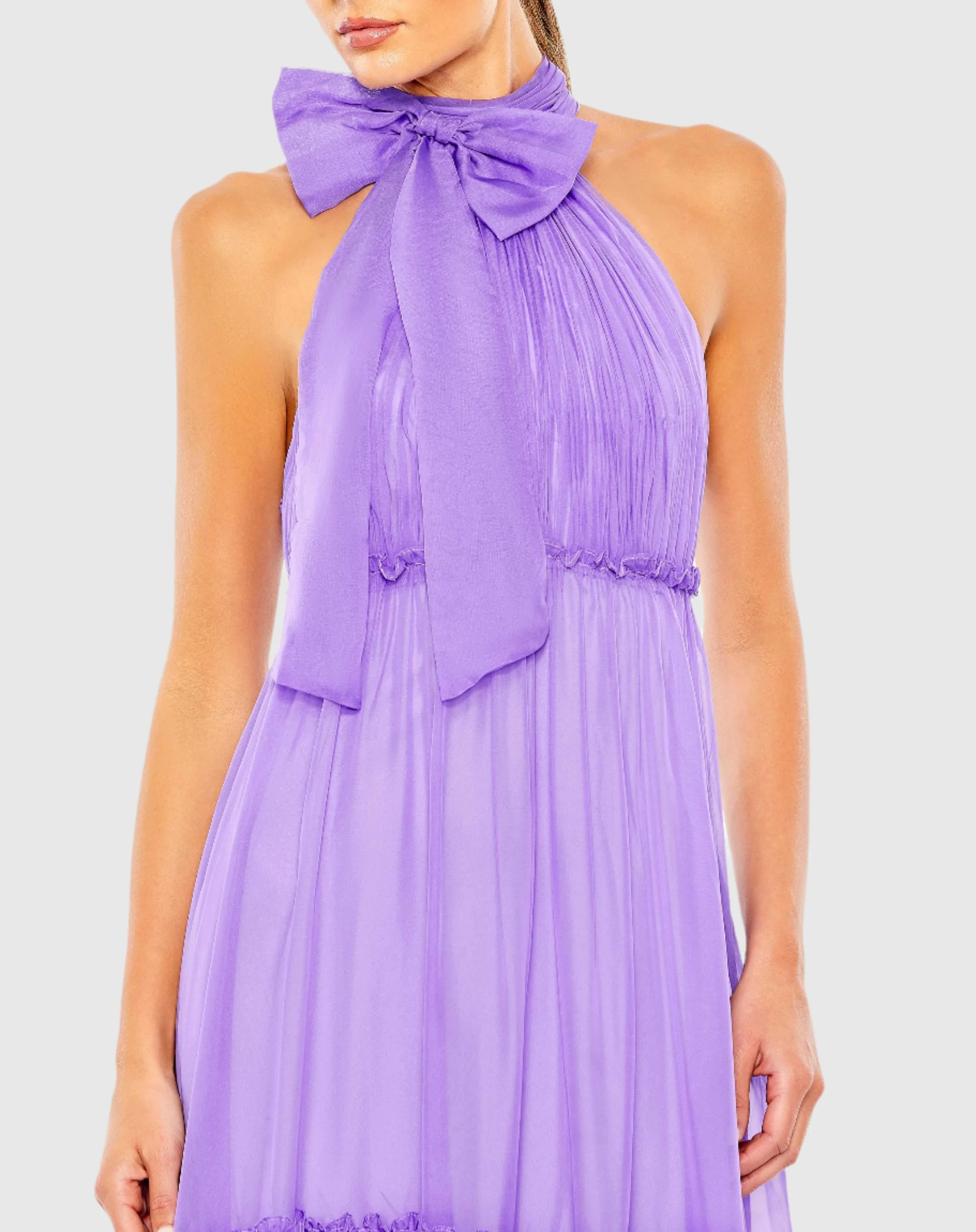 Purple Ruched Tiered High Neck Bow A Line Gown