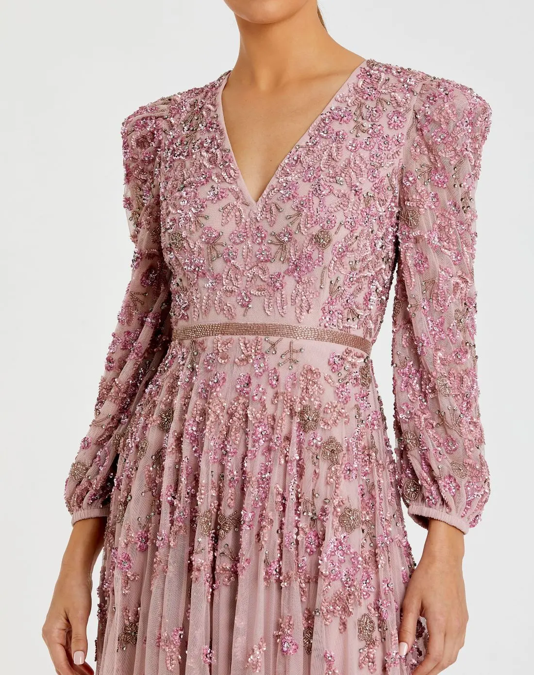 Pink Embellished V Neck Long Sleeve A Line Gown