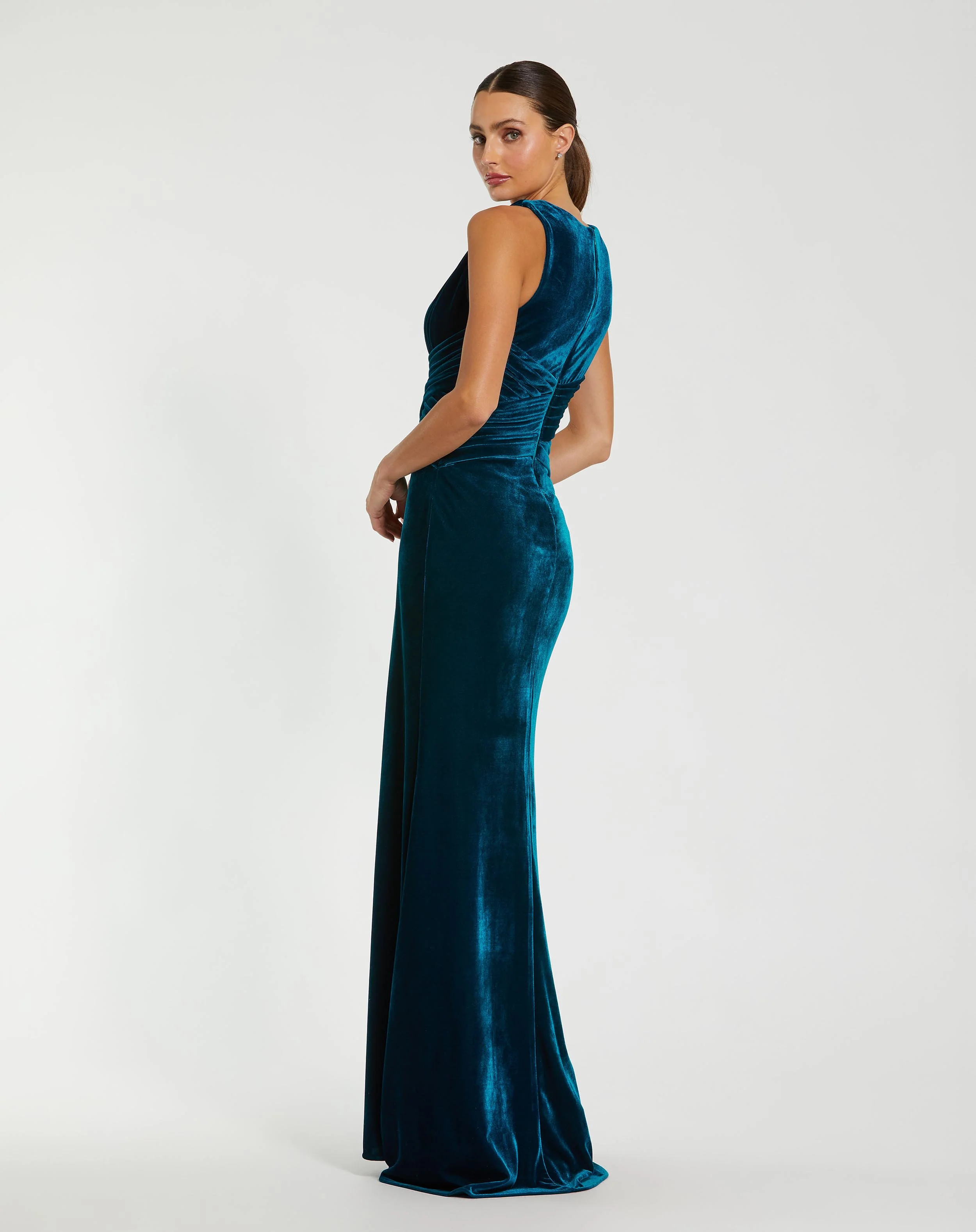 Blue Velvet Pleated Sleeveless Plunge Neckline Gown