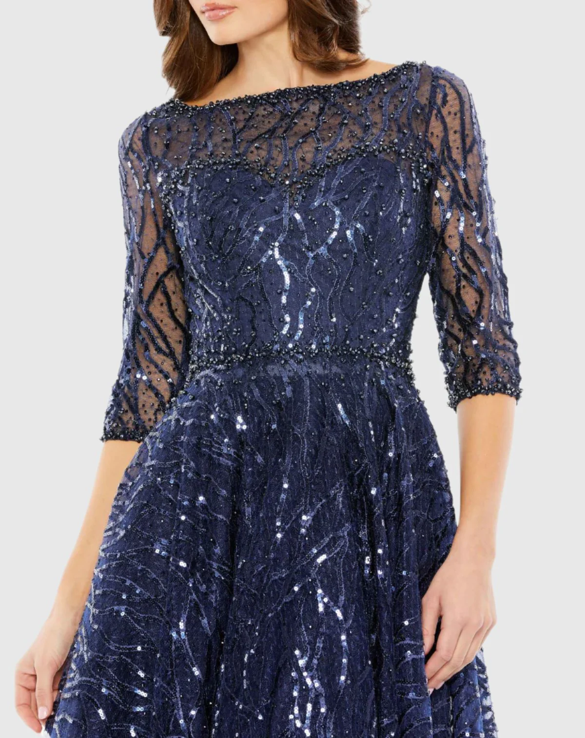 Blue Embellished 3/4 Sleeve A Line Dress