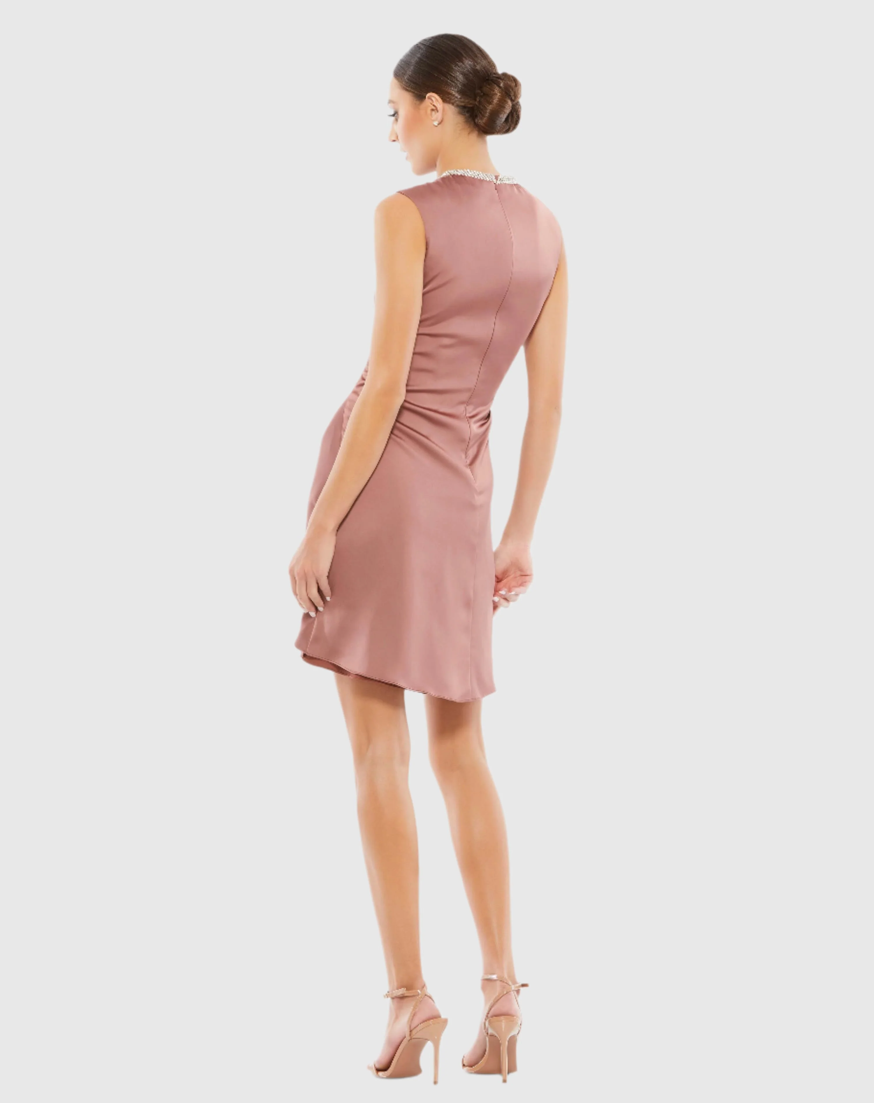 Purple Rhinestone Neckline Draped Mini Dress