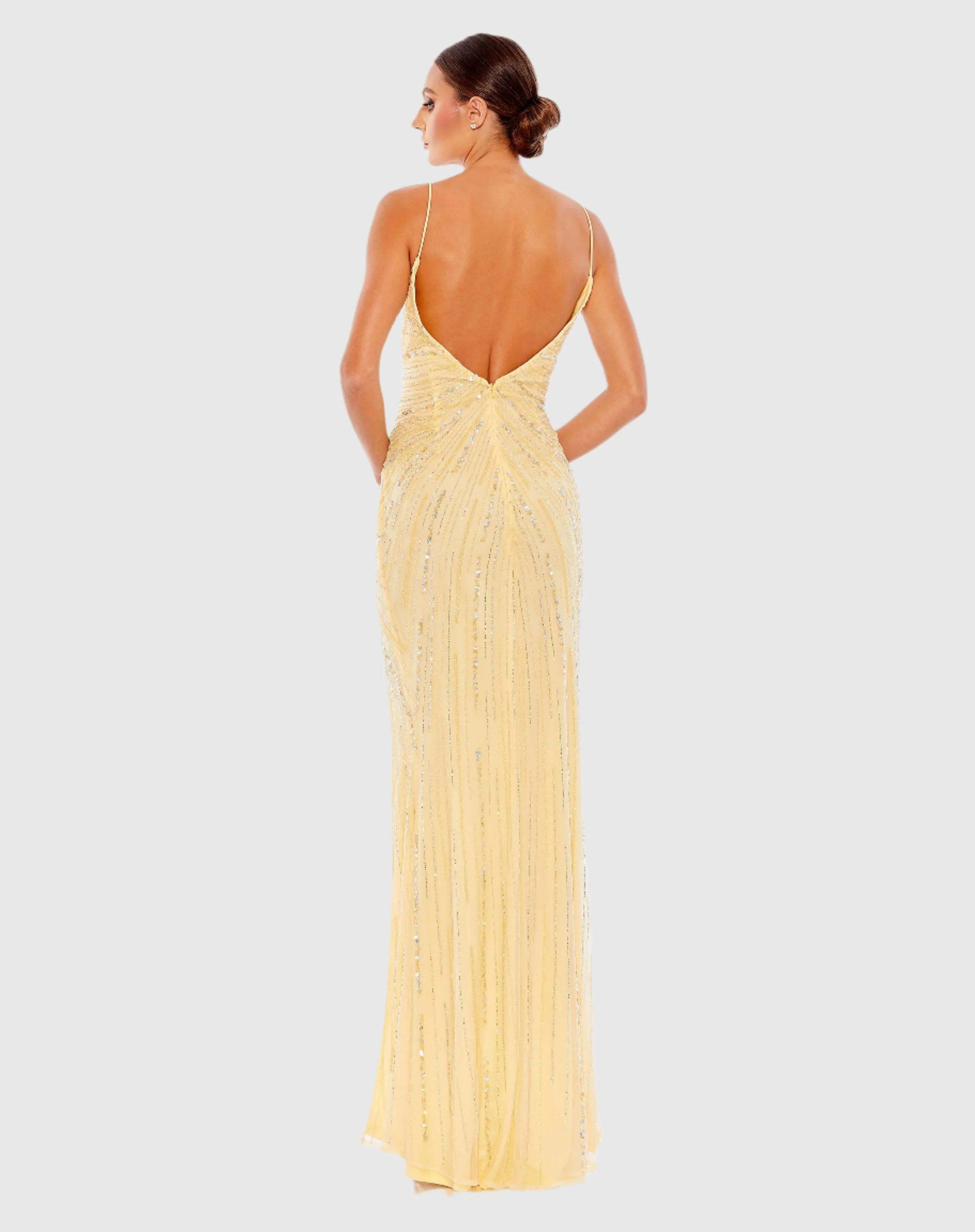 Yellow Beaded Sleeveless Faux Wrap Gown
