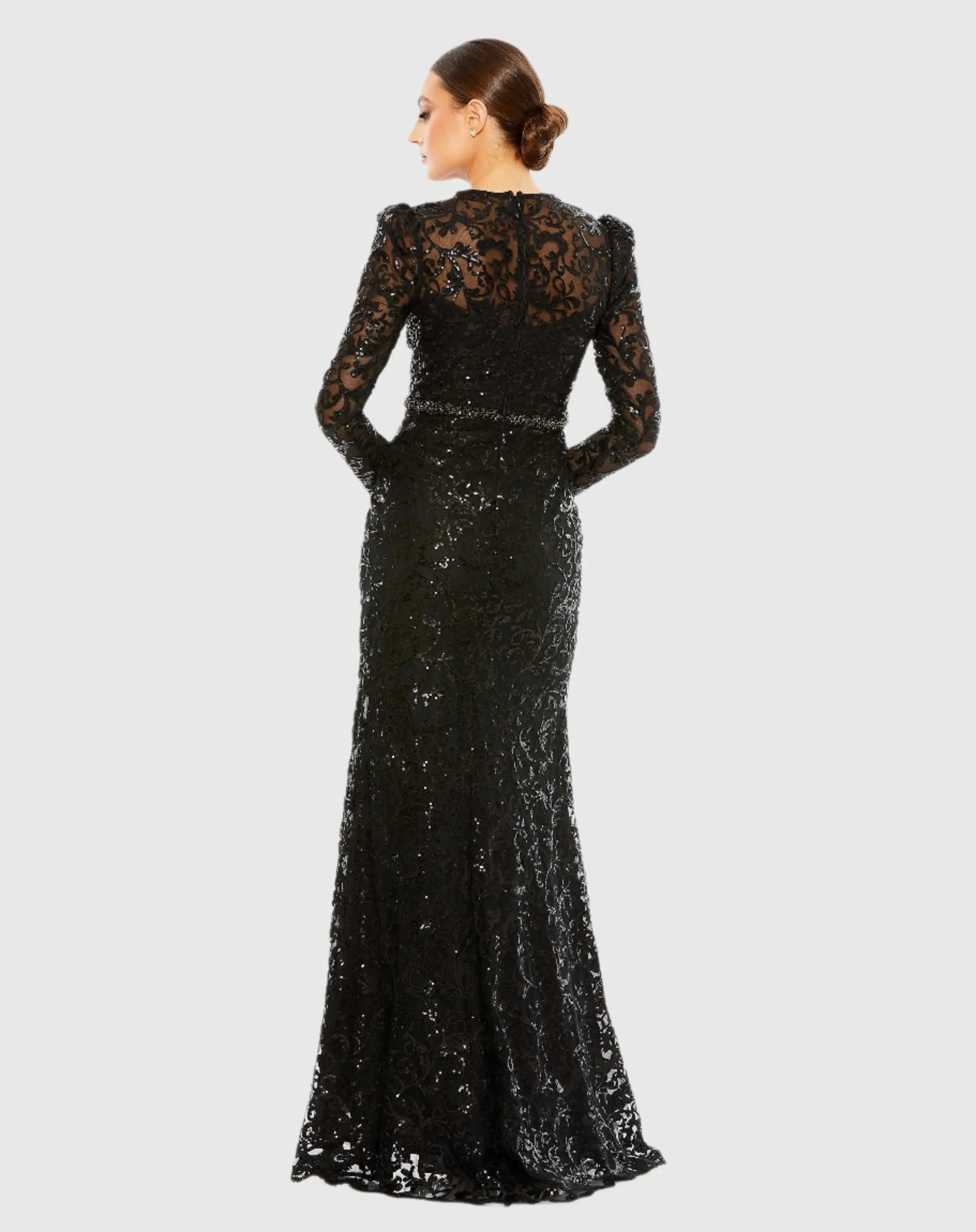 Black Embellished High Neck Long Sleeve Gown