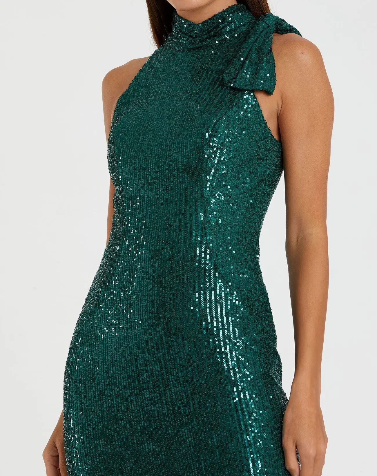 Green Soft Tie Halter Neck Sequin Gown