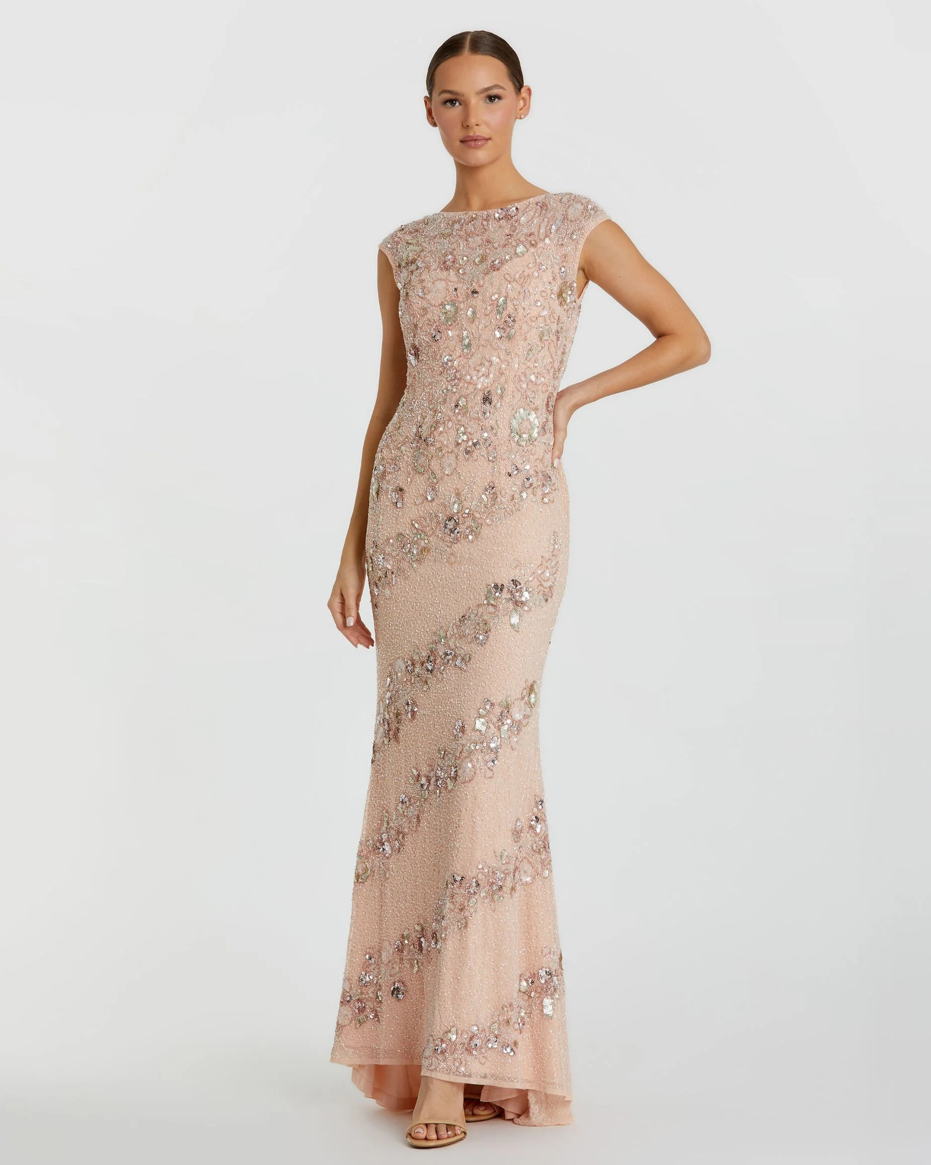 Embellished Bateau Neck Cap Sleeve Floral Beaded Column Gown