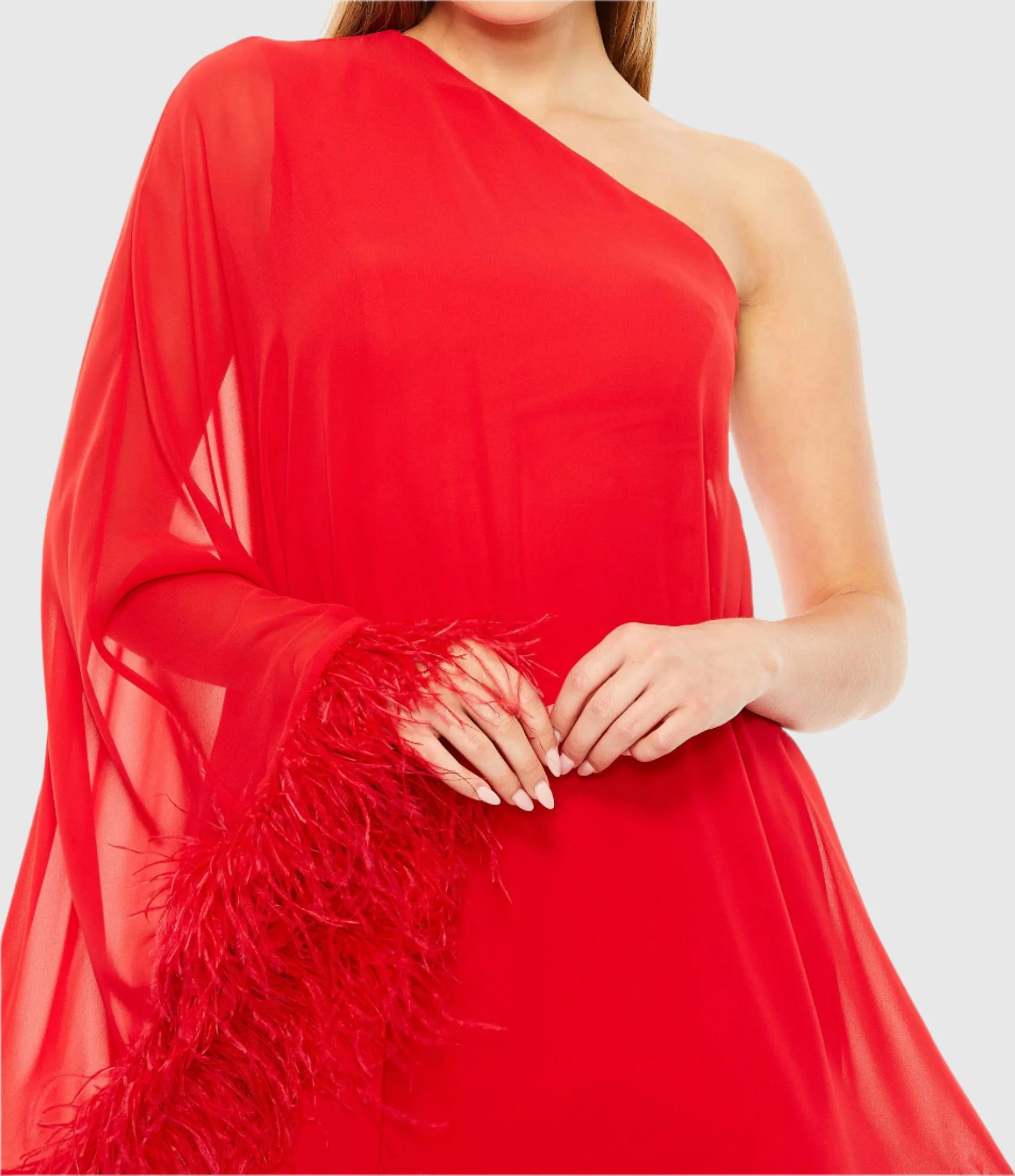 Red One Shoulder Trapeze Dress with Feather Trim