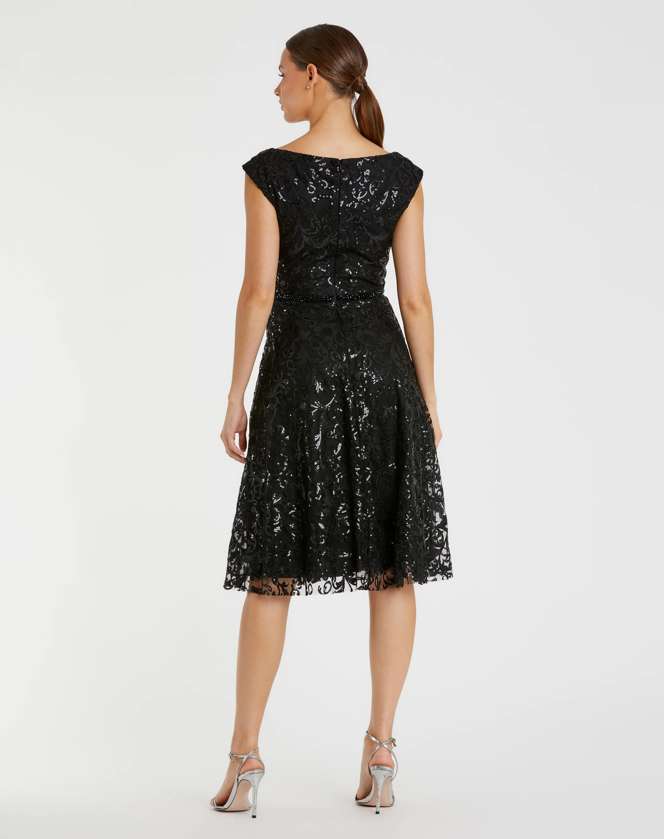 Sequined V Neck Cap Sleeve Dress