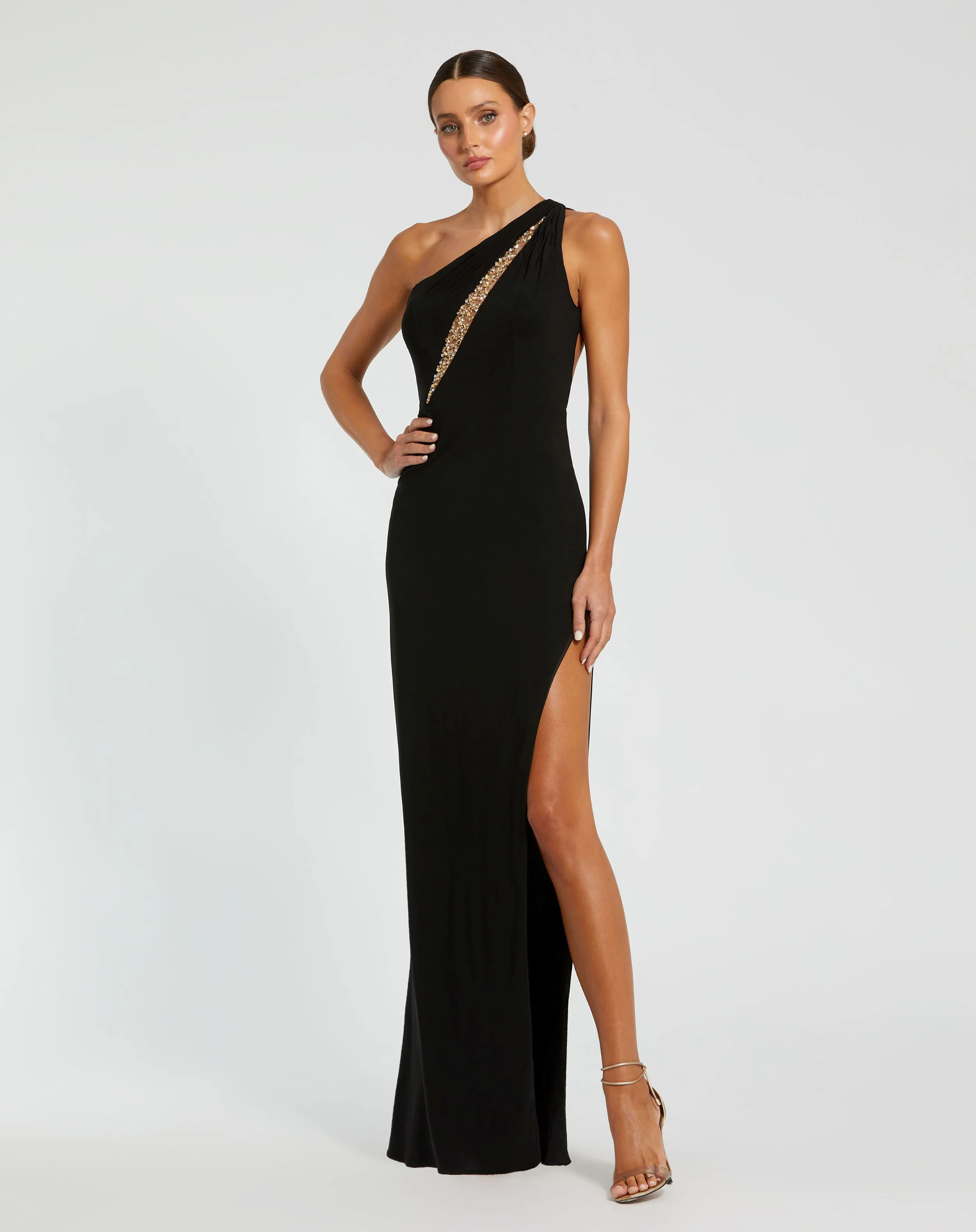 Black One Shoulder Gown with Sheer Embellished Cut Out