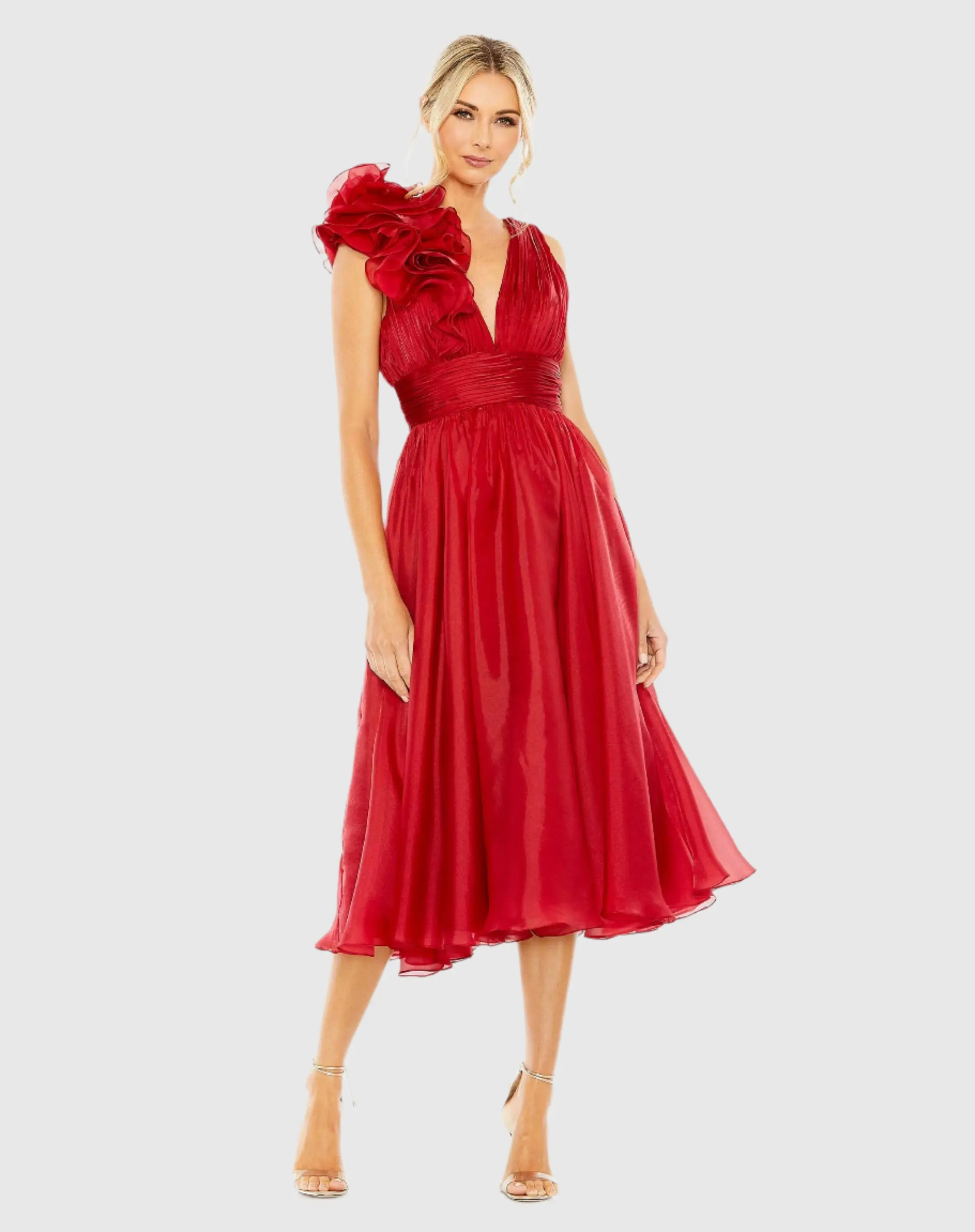 Red Sleeveless Chiffon A-Line Tea Length Cocktail Dress
