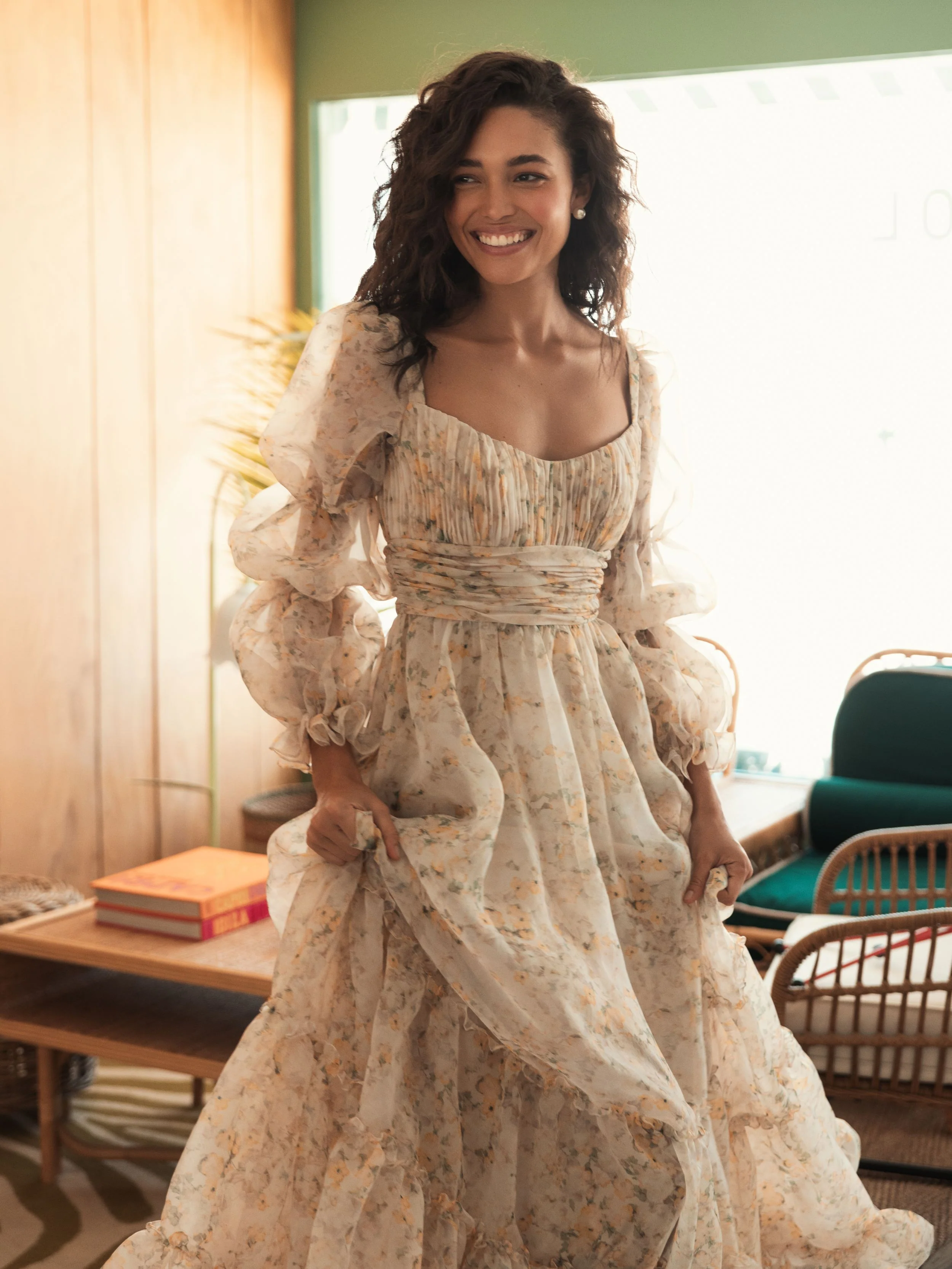 Sweetheart Balloon Sleeve Chiffon Tiered Gown