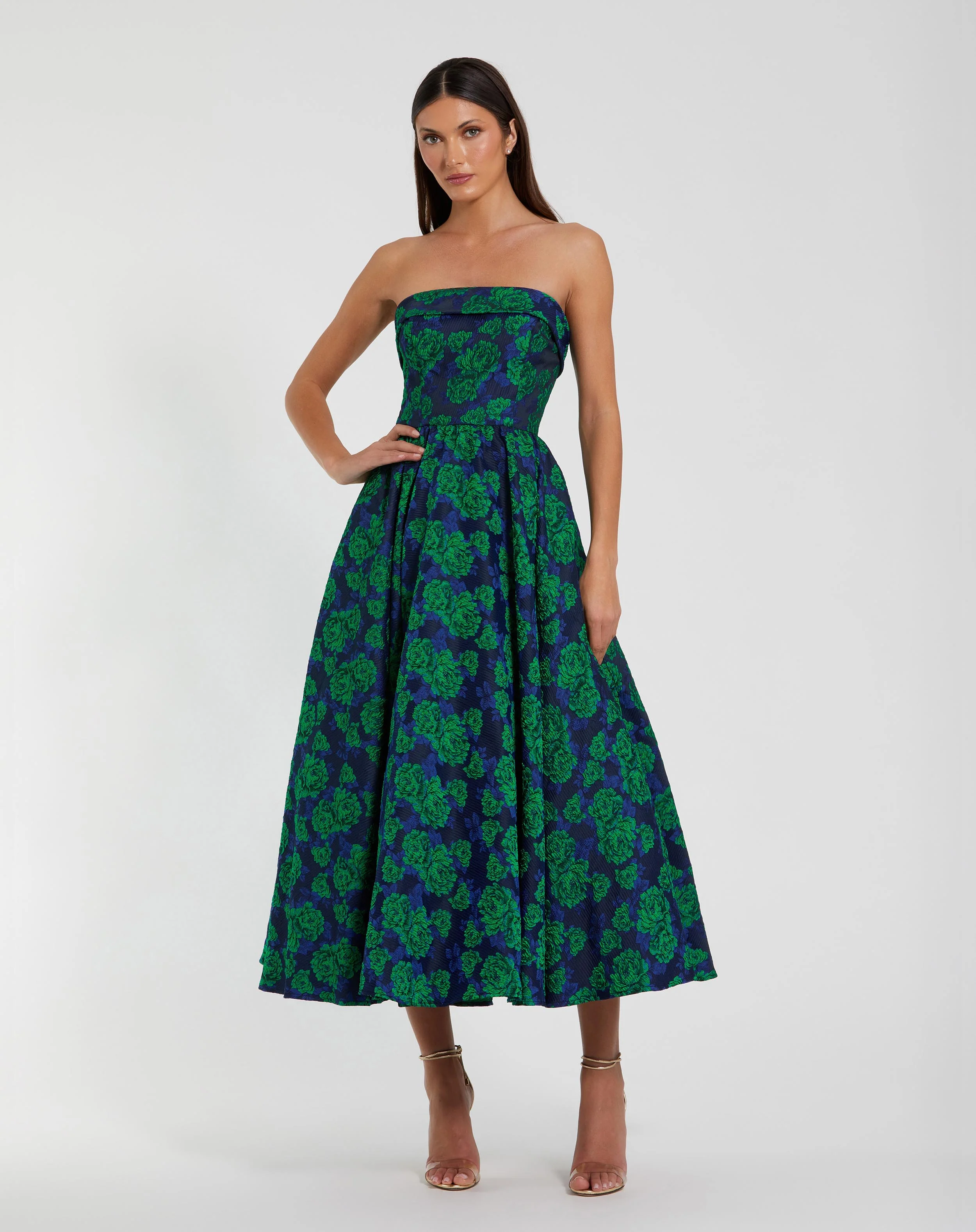 Brocade Strapless A Line Midi Dress