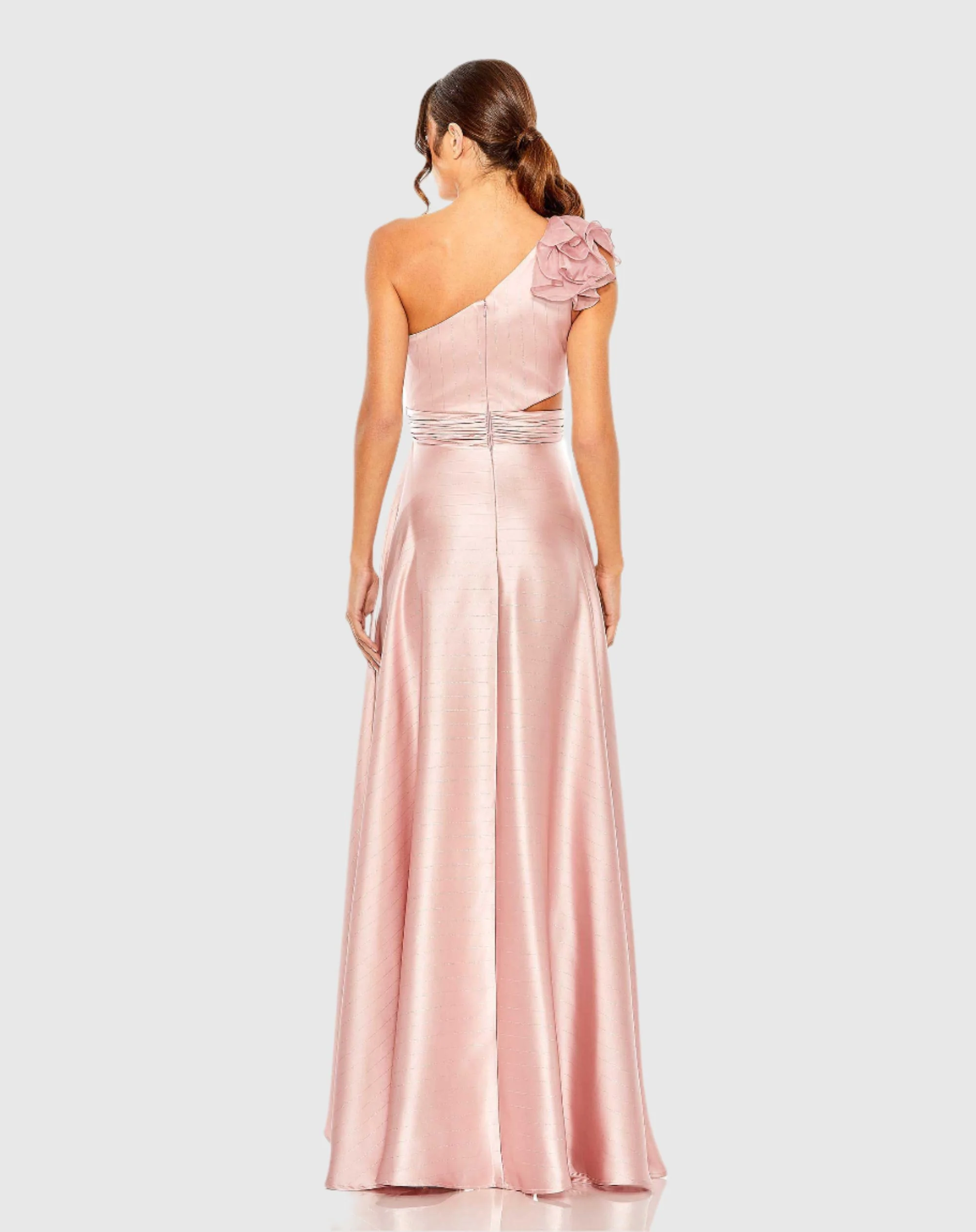 Pink Ruffled One Shoulder Cut Out Hi-Low Gown