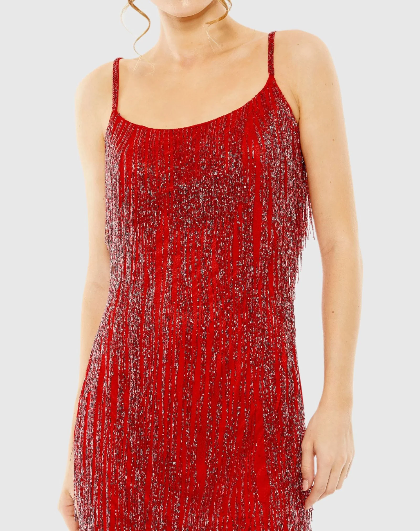 Red Scoop Neck Embellished Beaded Fringe Dress