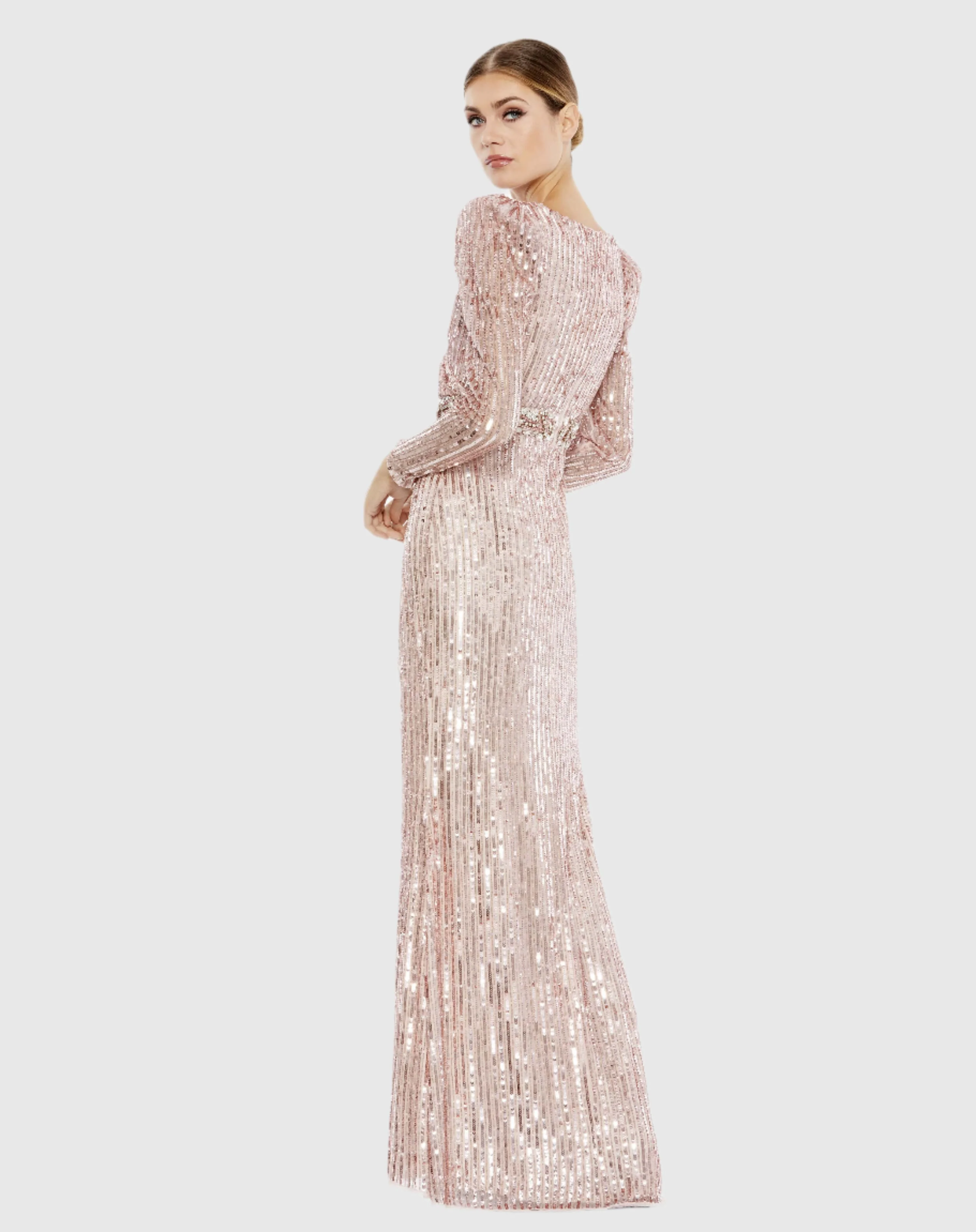 Pink Sequin Puff Sleeve Surplice Gown