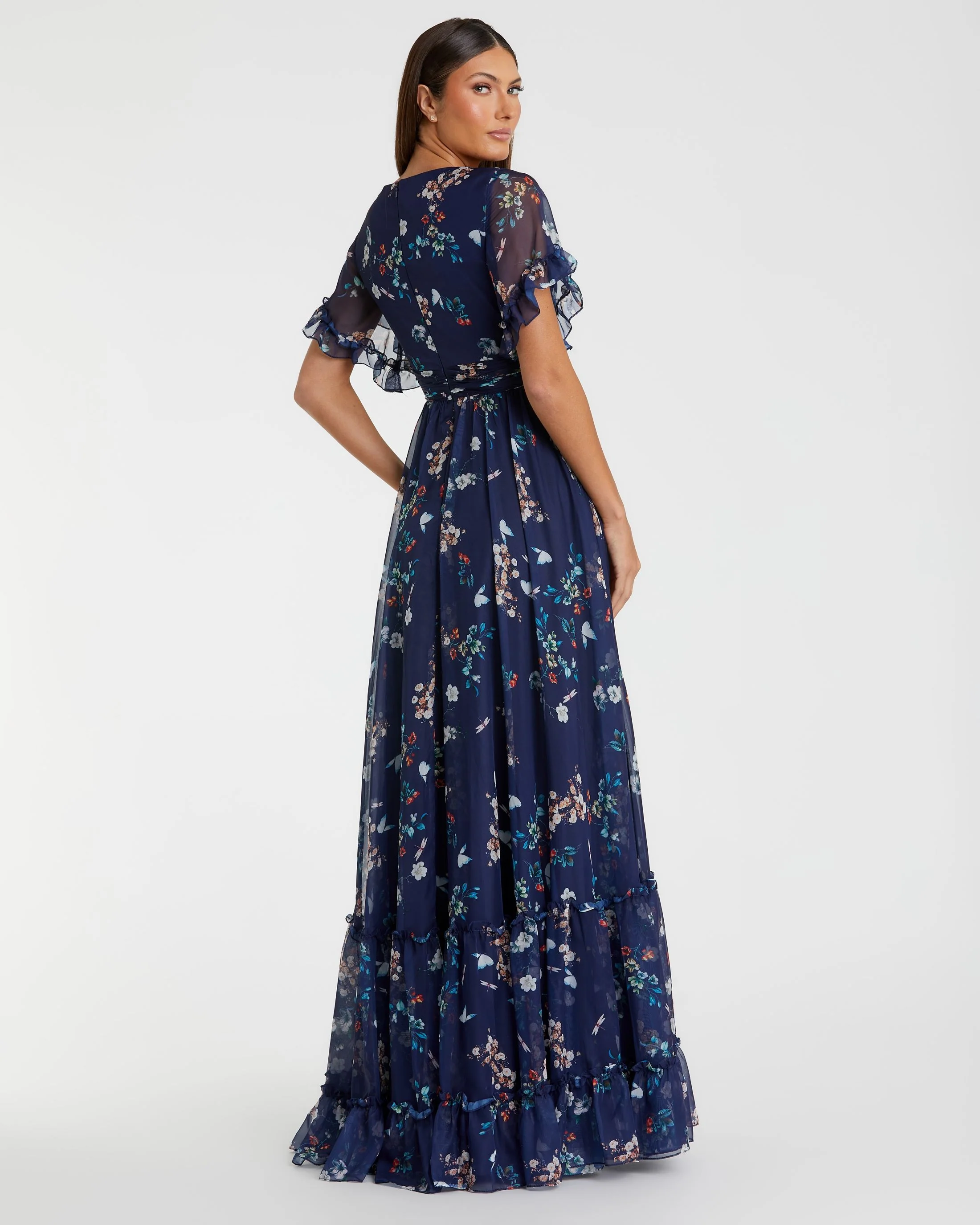 Navy Multicolor Flounce Sleeve Floral Maxi Dress