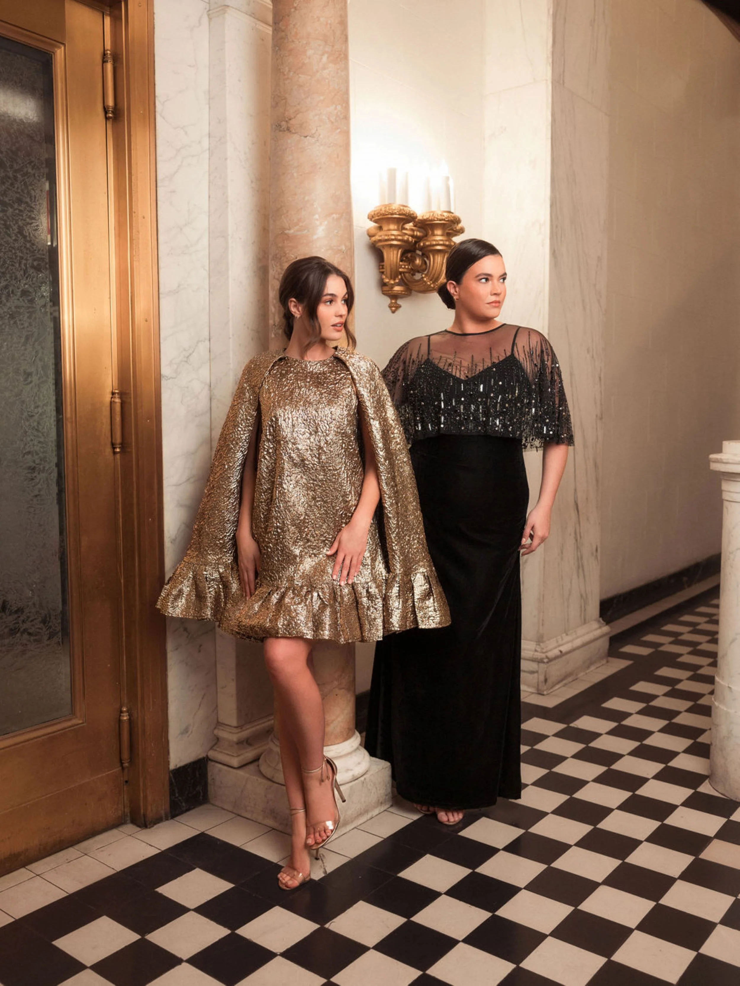 Sleeveless Velvet Gown With Embellished Cape