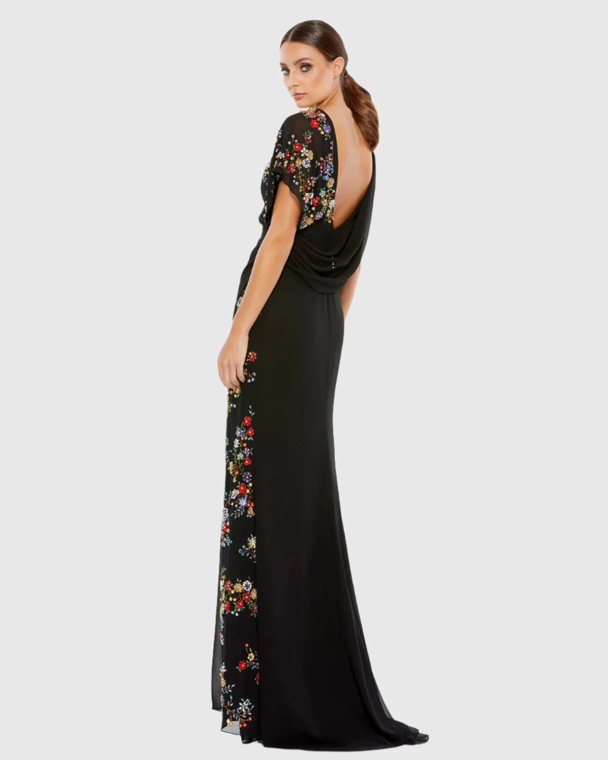 Faux Wrap Multi Colored Beaded Floral Gown