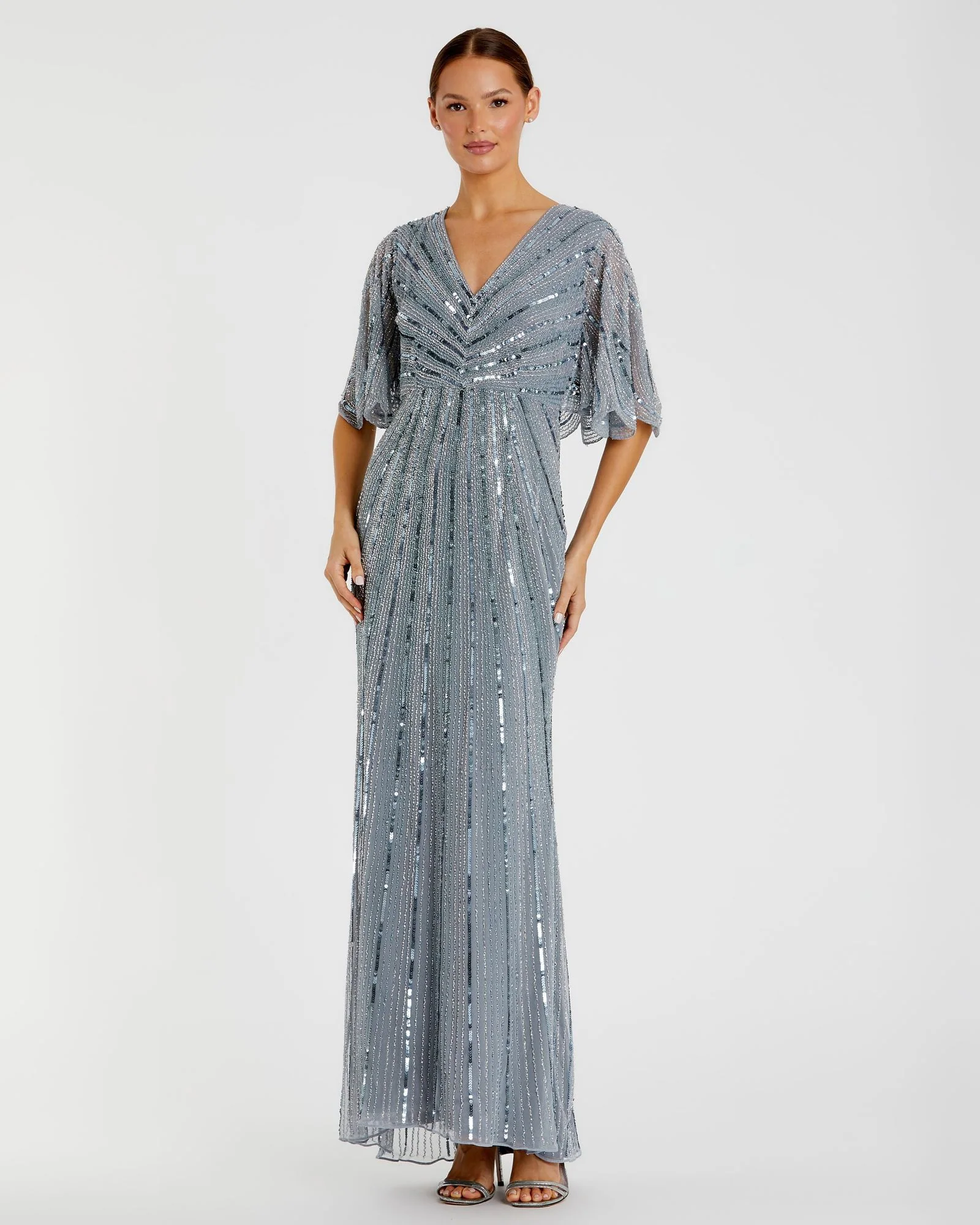 Blue Sequined V Neck Cape Sleeve Column Gown