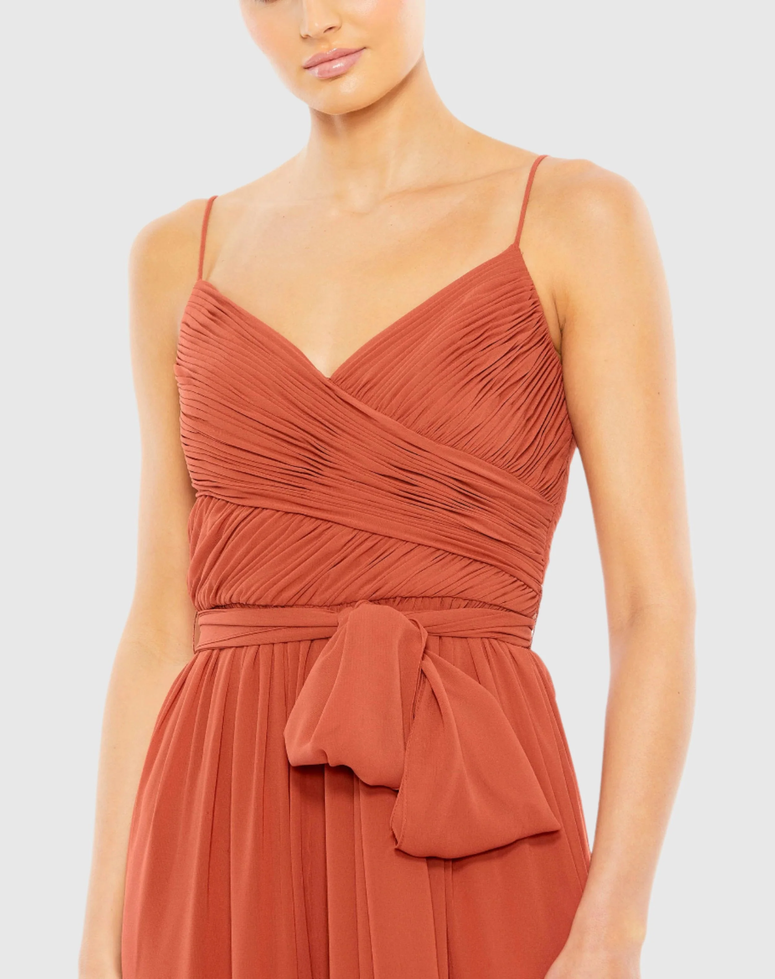 Orange Ruched Sleeveless Tie Jumpsuit